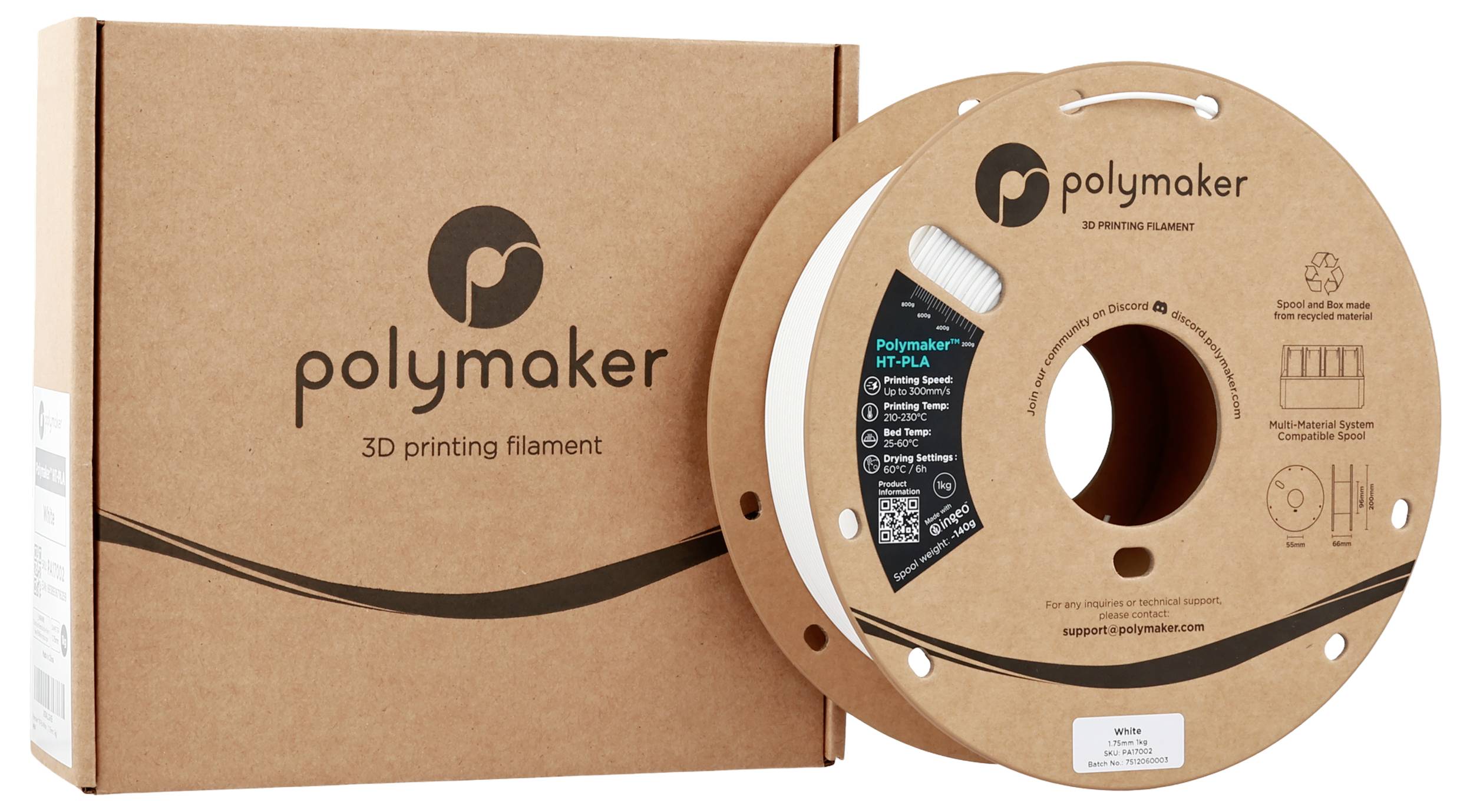 Polymaker 3D-Druckfilament-Spule und Karton. Die Spule ist mit Handhabungsanweisungen und Materialinformationen beschriftet.