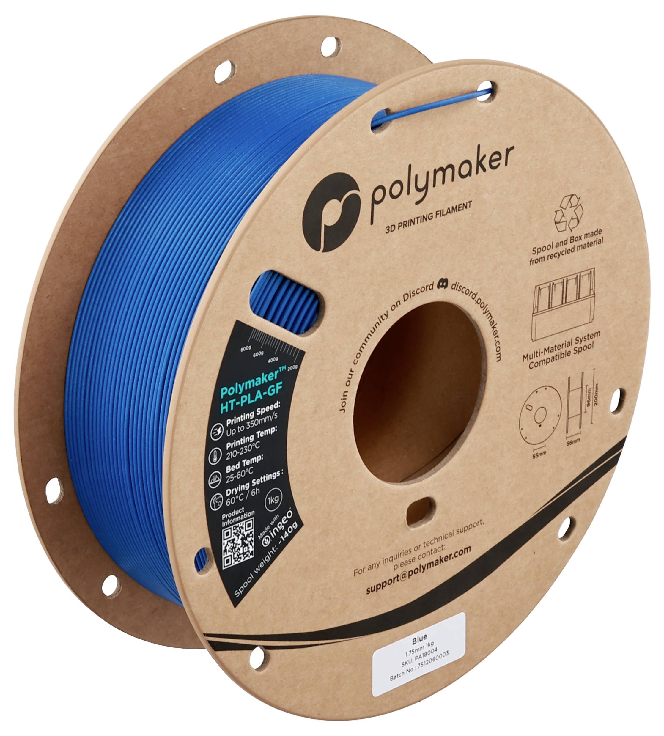 Eine Spule Polymaker HT-PLA-GF 3D-Druckfilament, blau, auf einer Pappspule, mit sichtbaren Produktdetails und Kontaktinformationen.
