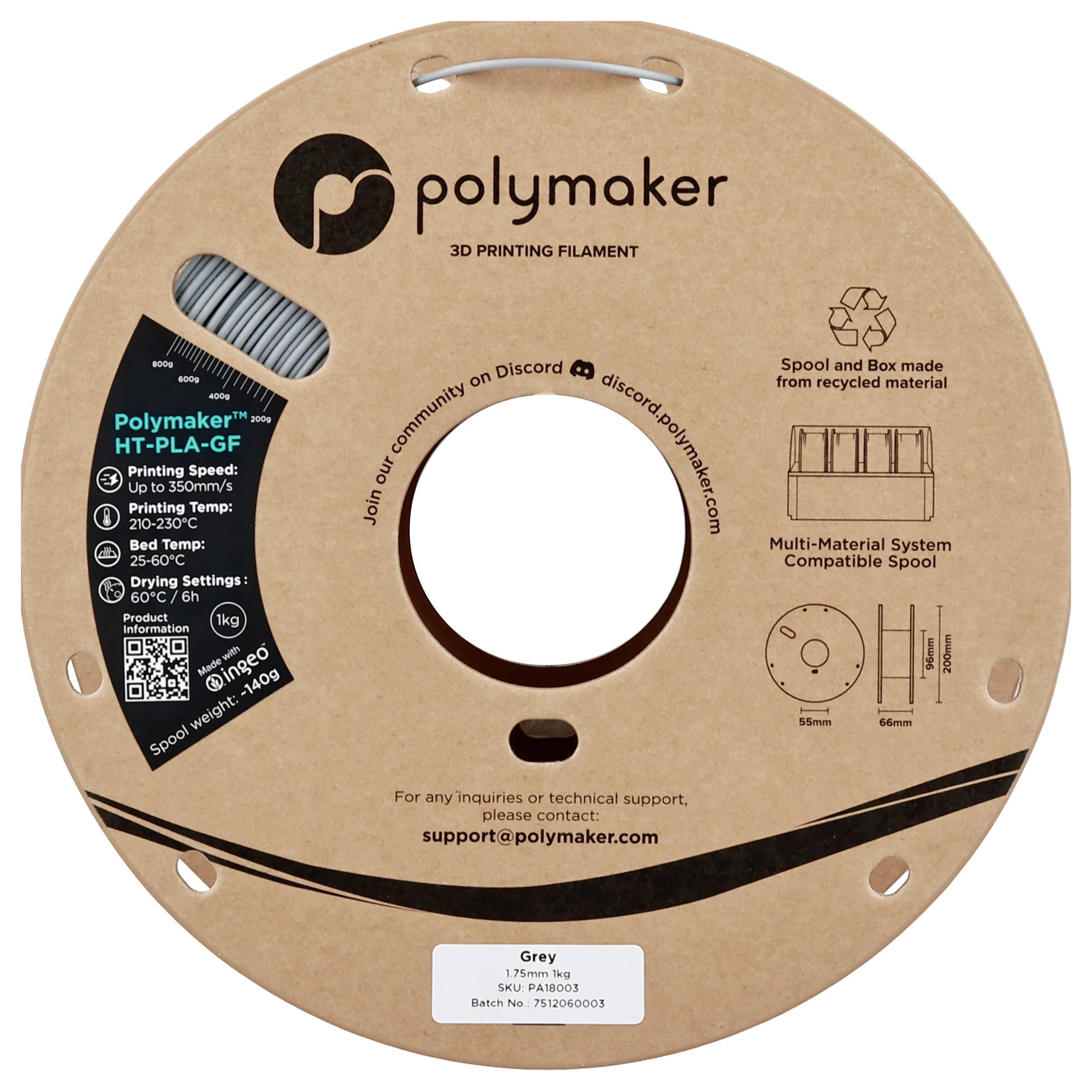 3D-Druck-Filamentenspule mit Etikett „Polymaker HT-PLA-GF