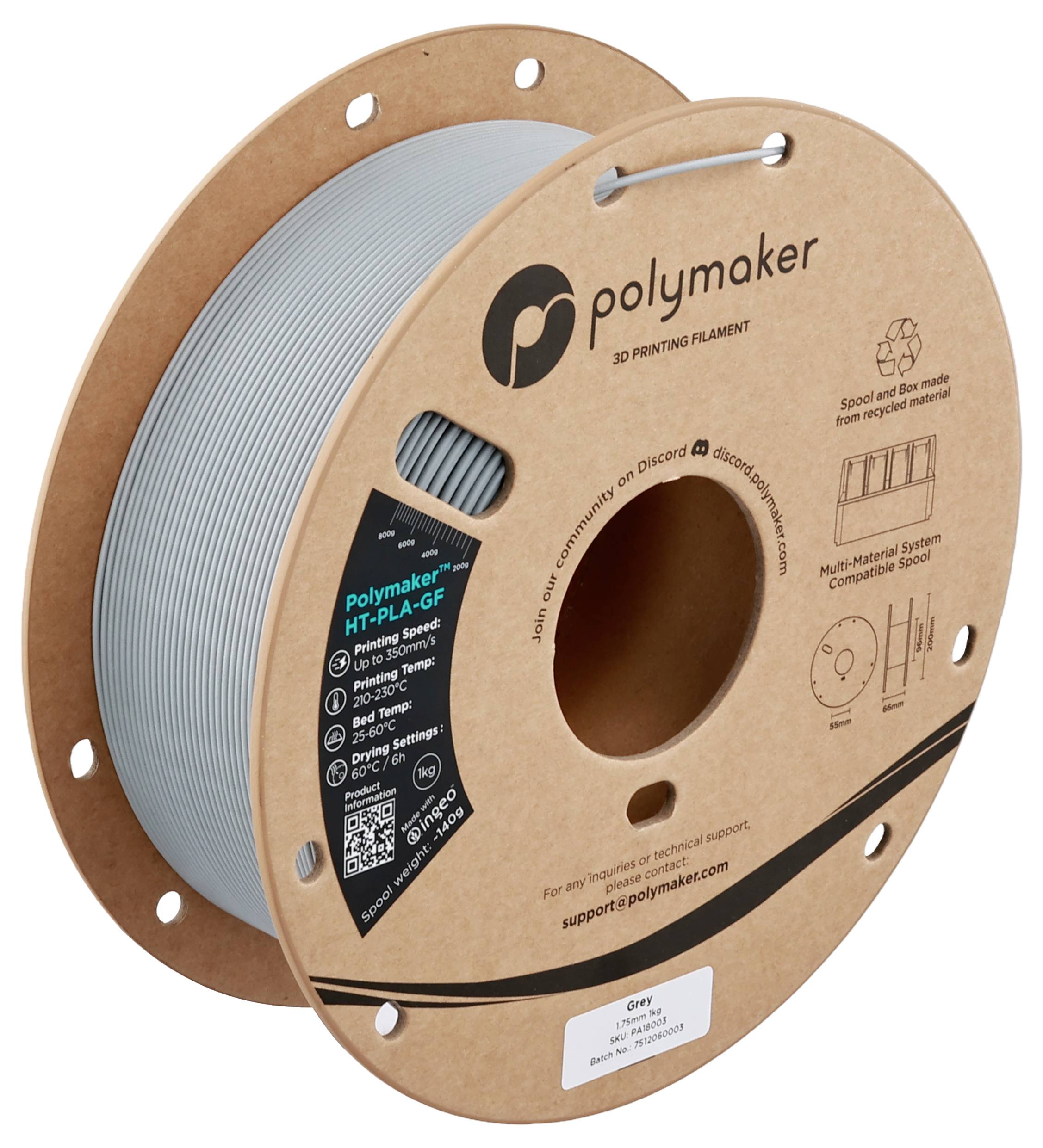 Eine Spule Polymaker HT-PLA-GF 3D-Druckfilament in Grau mit Kartonverpackung, auf der das Markenlogo und Produktdetails zu sehen sind.