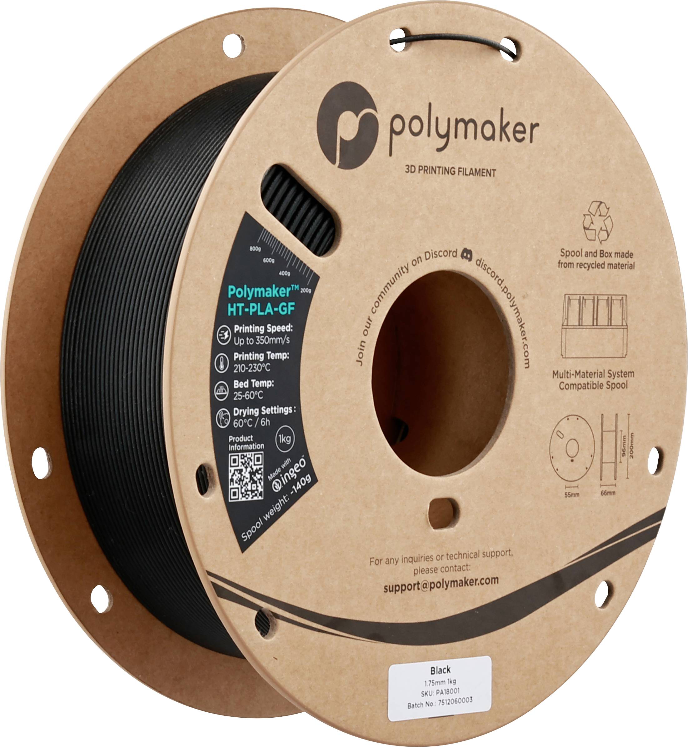 Eine Spule Polymaker schwarzes HT-PLA-GF 3D-Druckfilament mit QR-Codes, Markenlogo und Produktdetails auf dem Etikett.