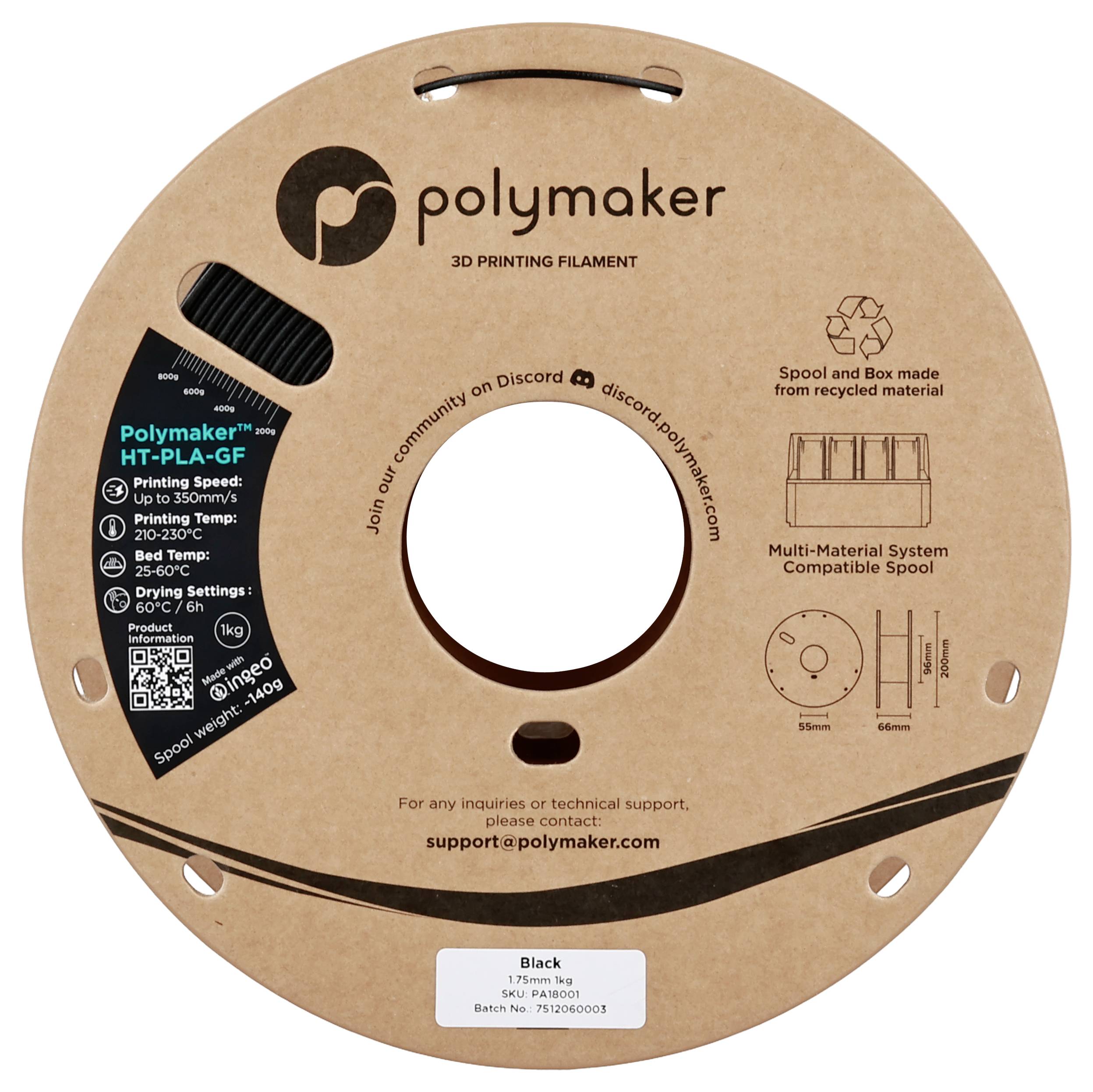 'Polymaker HT-PLA-GF' 3D-Druckerfilament-Spule, 1,2kg, schwarz. Enthält Druckeinstellungen: Düse 190-230°C, Druckbett 25-60°C, Trocknung 70°C.