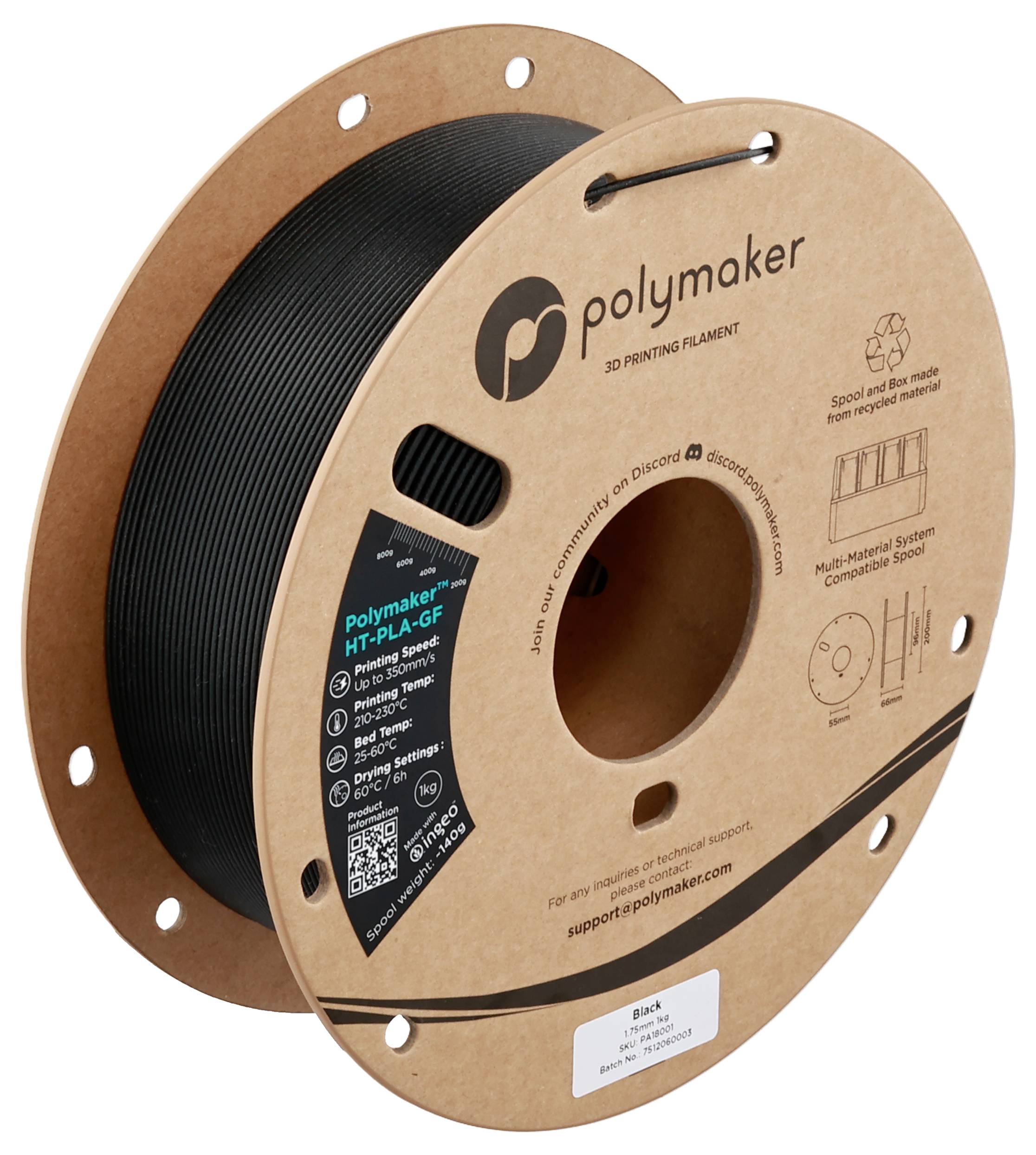 Spule schwarzes Polymaker 3D-Druckfilament mit der Bezeichnung „HT-PLA-GF