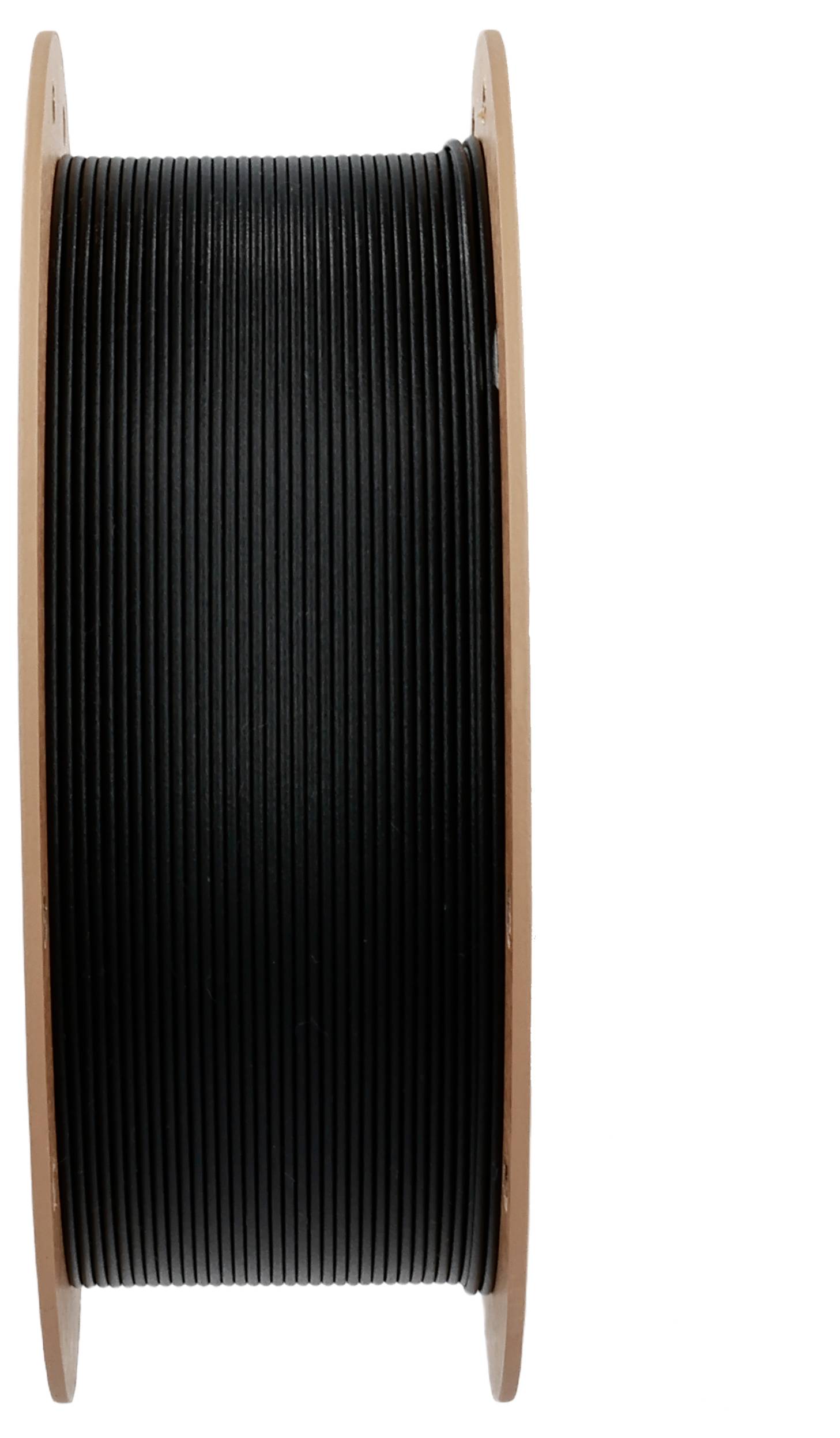 Eine große Spule schwarzes Kabel, eng aufgewickelt und von der Seite betrachtet, mit sichtbaren Holzkanten auf beiden Enden.
