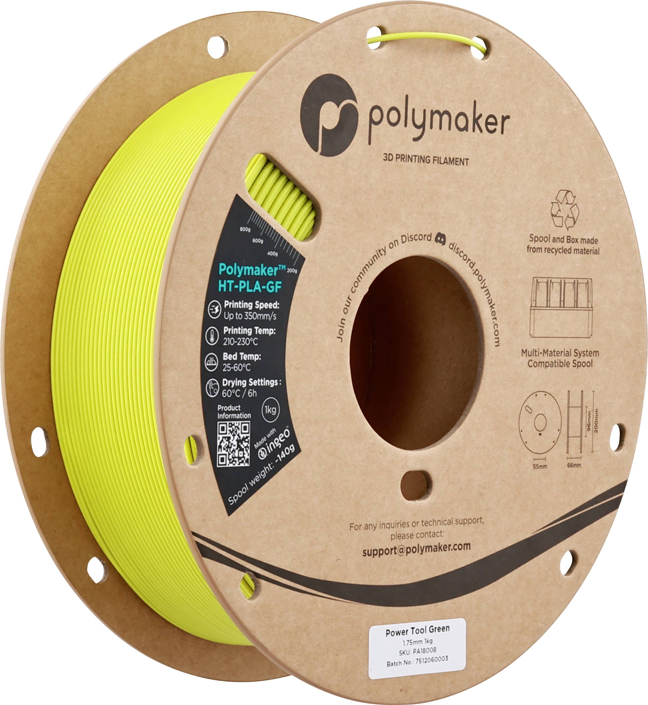 Polymaker 3D-Druckfaden-Spule in hellem Grün. Das Etikett zeigt „HT-PLA-GF
