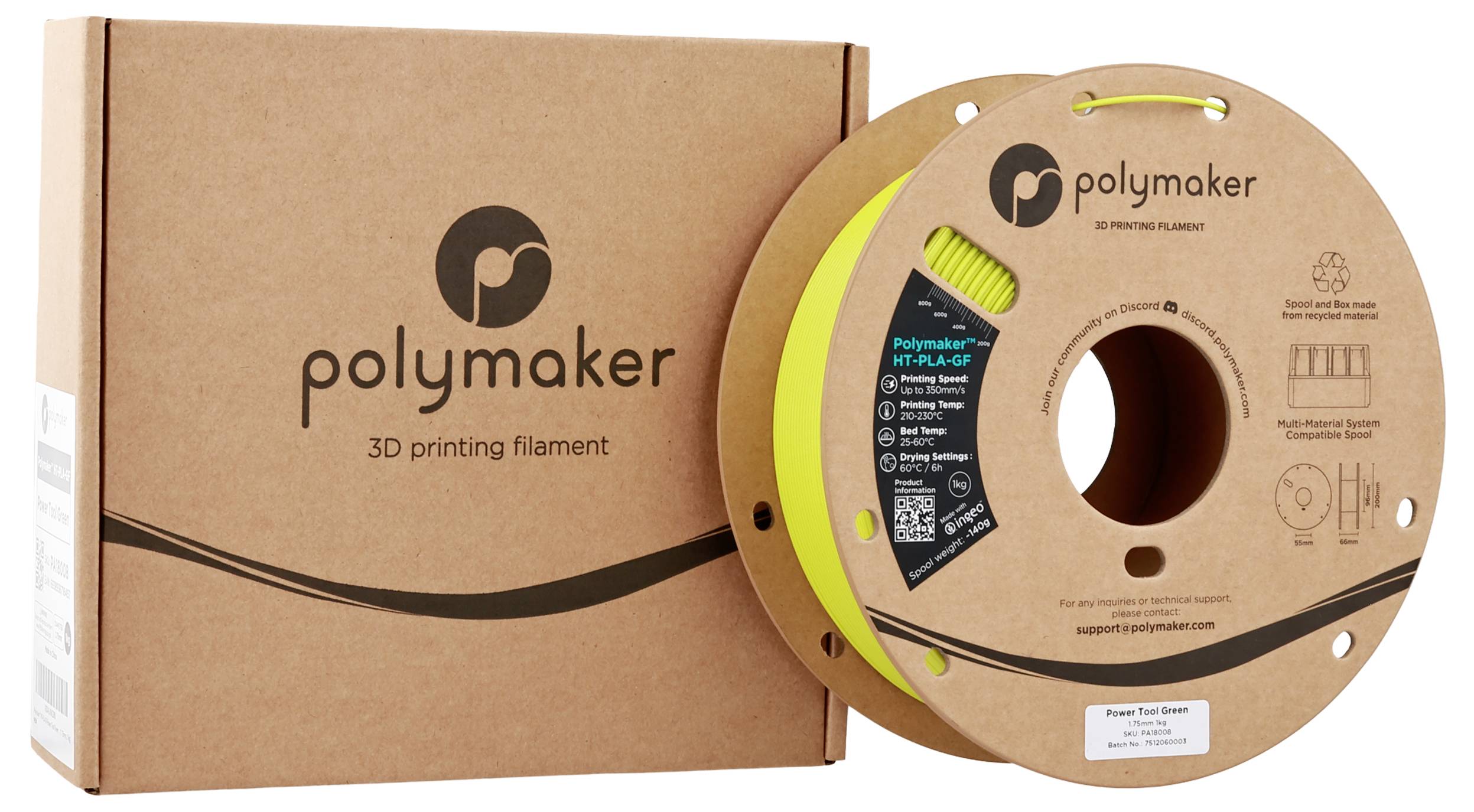 Spule mit gelbem Polymaker-3D-Druckfilament neben seiner Pappschachtel, die das Markenlogo und Kontaktdetails zeigt.