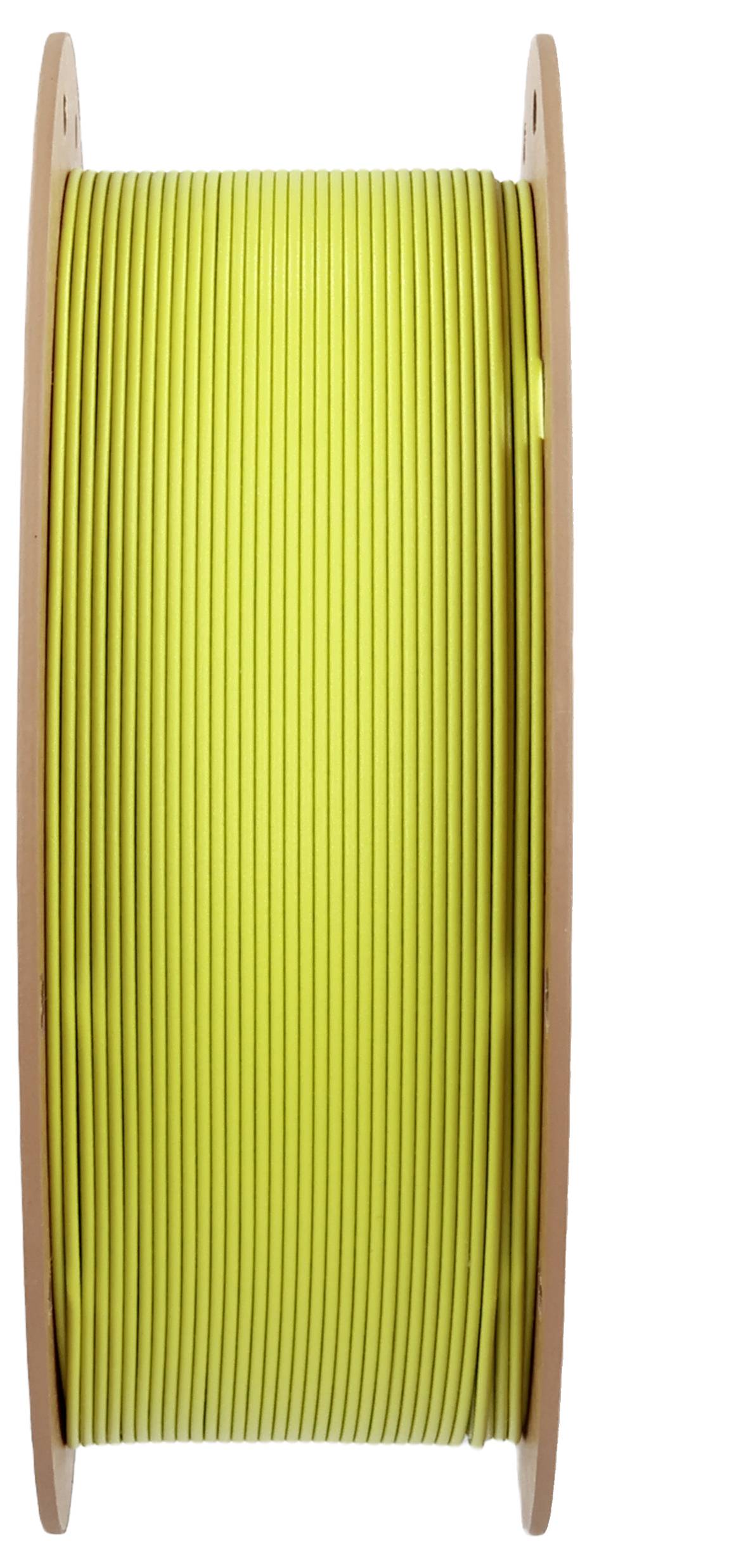 Eine Spule mit leuchtend grünem Filament, wahrscheinlich zum 3D-Drucken, ist ordentlich zwischen zwei Holzfelgen aufgewickelt.