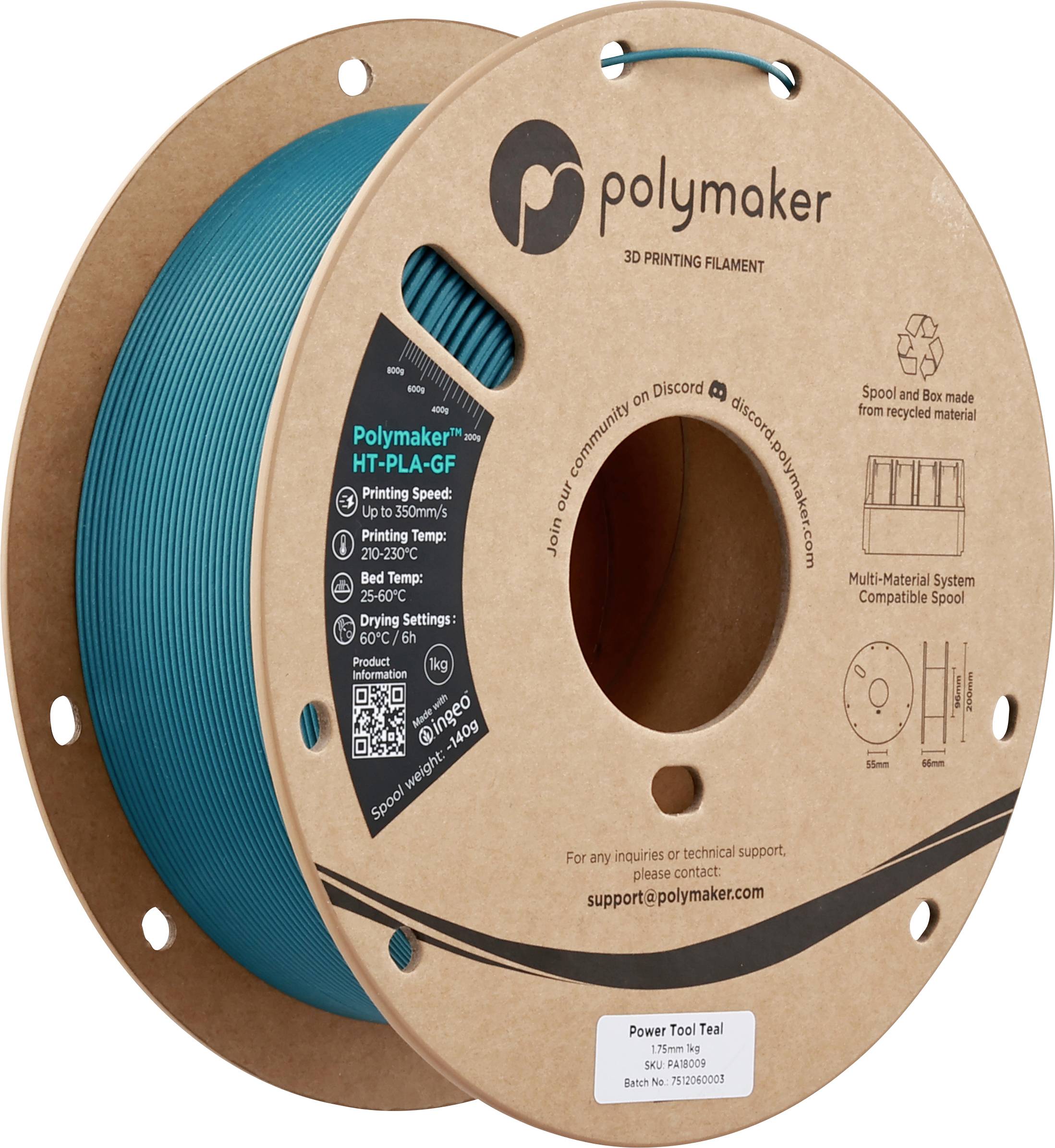 Spule mit Polymaker-Cyan-3D-Druckfilament, HT-PLA-GF, 1,75 mm Durchmesser. Mit Einstellungen und Support-Kontaktinformationen, Markenbeschriftung auf der Verpackung.