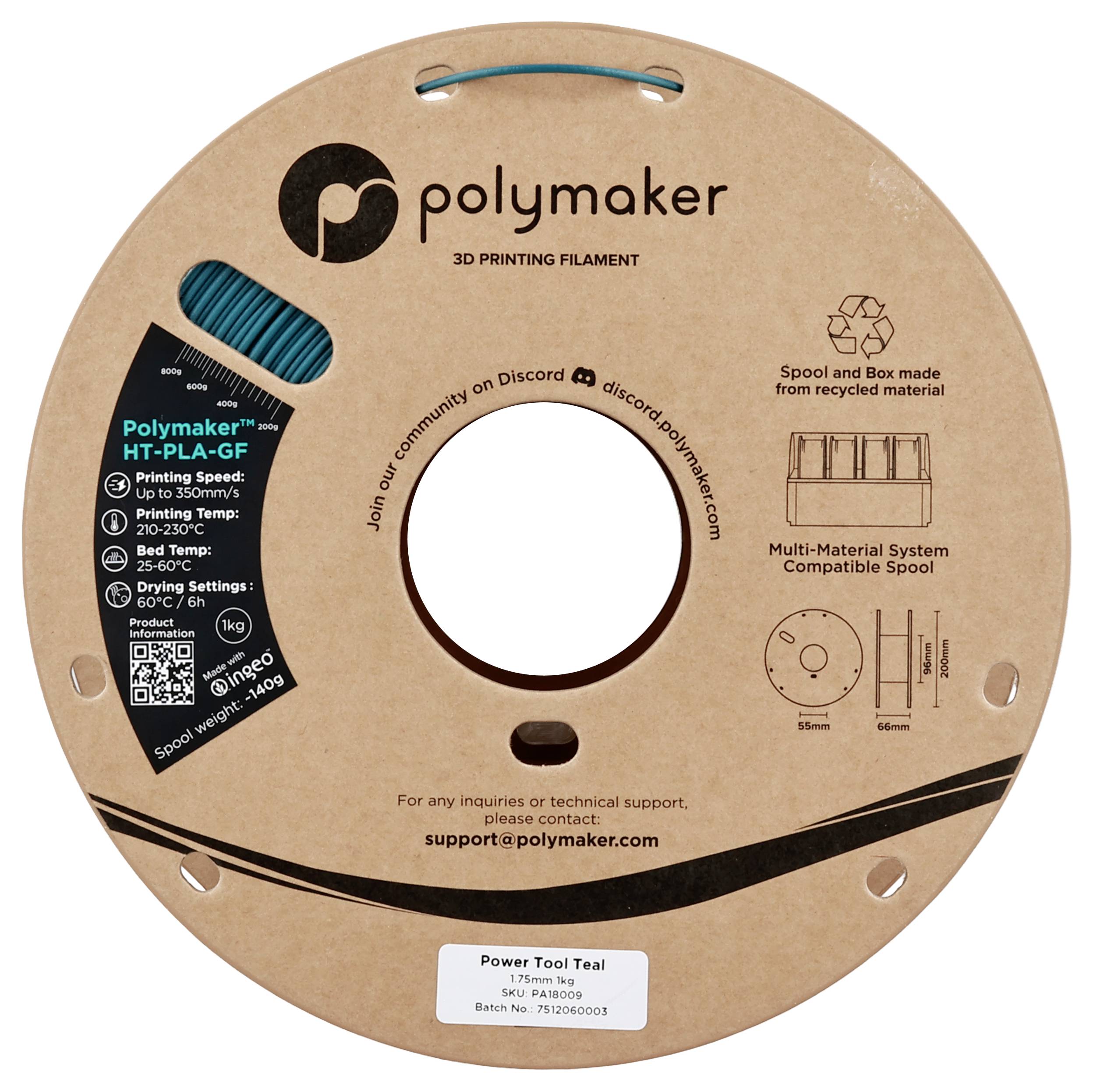 Eine Spule Polymaker HT-PLA-GF 'Power Tool Teal' 3D-Druckfilament. Spule aus recyceltem Material. Kontakt: support@polymaker.com.
