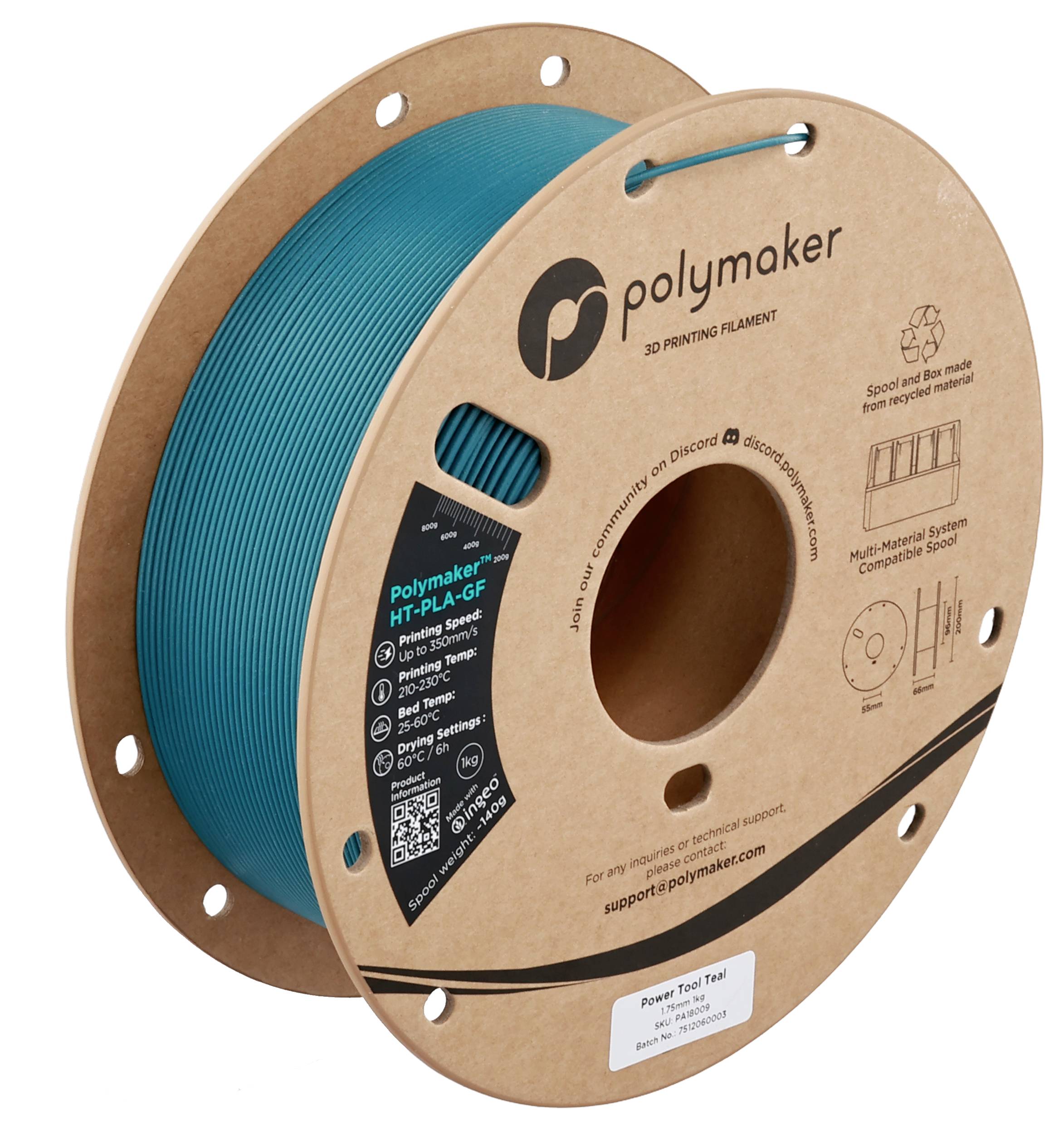 Eine tealfarbene Spule aus HT-PLA-GF 3D-Druckfilament von Polymaker mit Produktspezifikationen und Verwendungsrichtlinien auf der Verpackung.