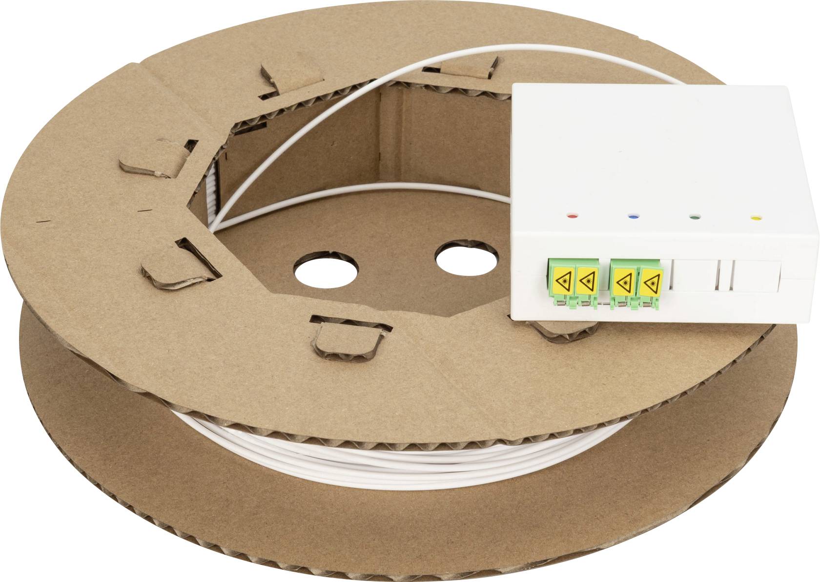 Eine Pappspule mit weißem Kabel und einer kleinen angeschlossenen elektronischen Box, die Warnungssymbole und Anzeigelichter zeigt.