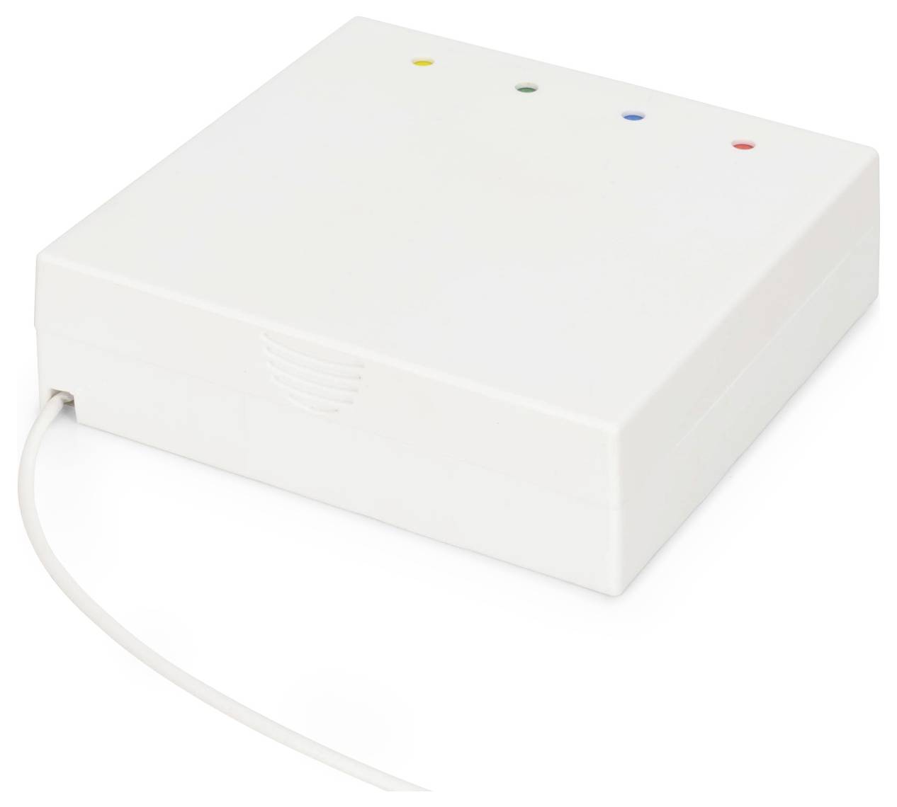 Ein weißes elektronisches Gerät mit vier farbigen Anzeigelichtern auf der Oberseite, an einer Seite mit einem Kabel verbunden, höchstwahrscheinlich für Signal- oder Netzwerkzwecke.