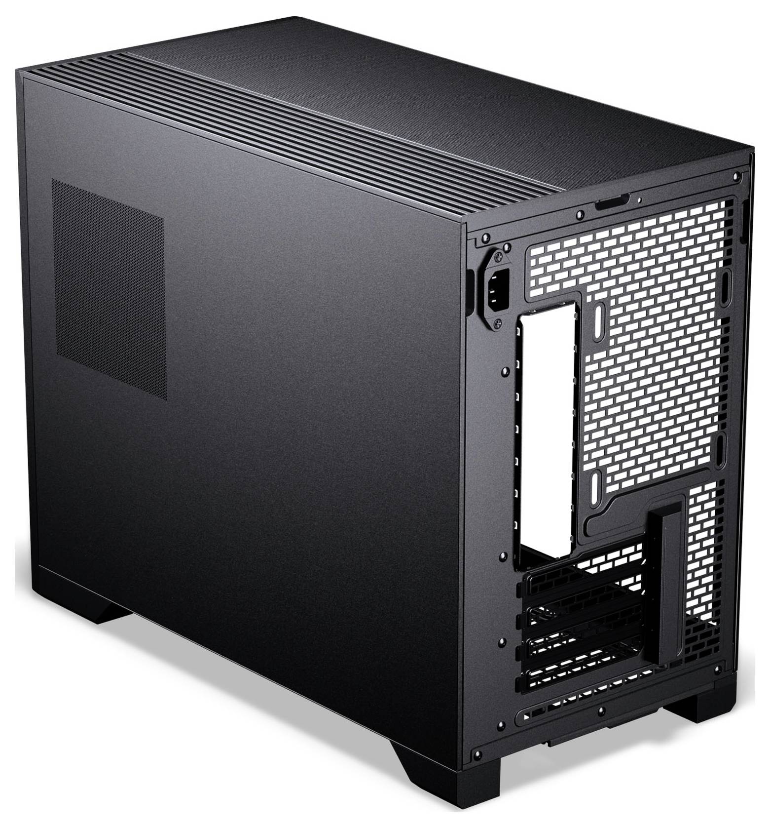 Ein schwarzer Computer-Gehäuseturm, der die Rückseite mit Lüftungsschlitzen, mehreren Erweiterungssteckplätzen und Platz für Komponenten zeigt, auf einem weißen Hintergrund.