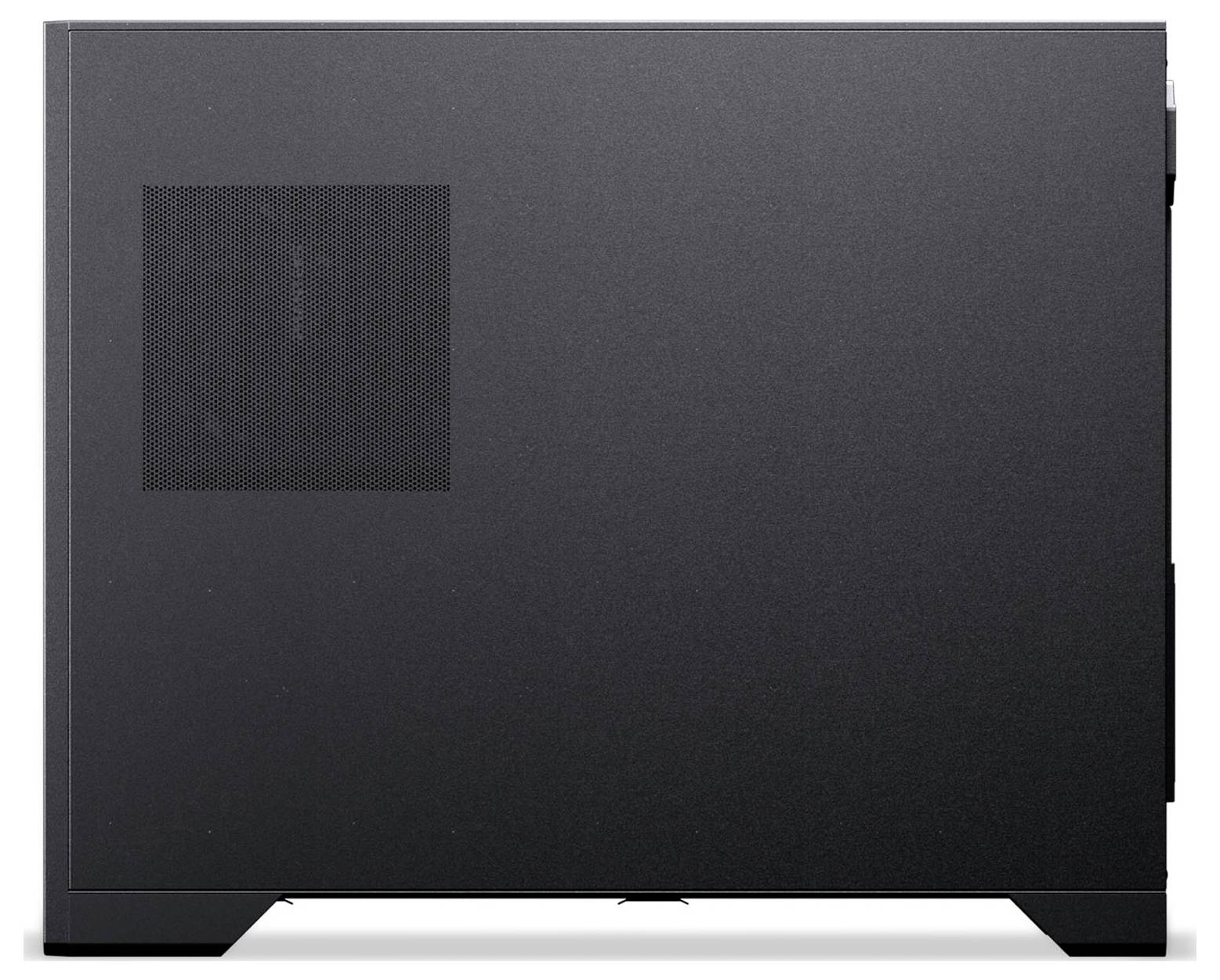 Ein schwarzer Computer-Gehäusedeckel aus Seitenansicht mit einer belüfteten Platte zur Kühlung.