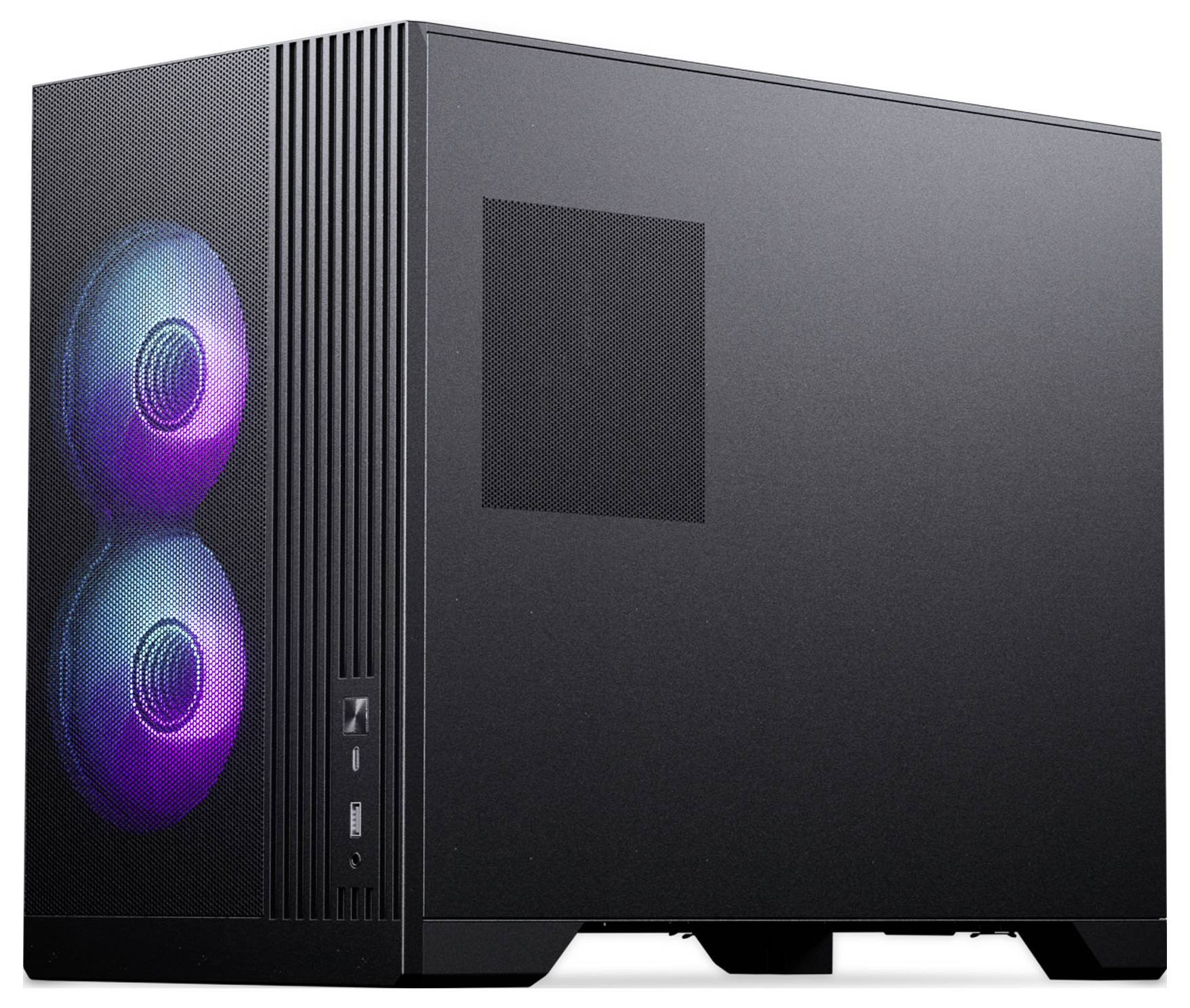 Ein schwarzes Computergehäuse mit zwei nach vorne gerichteten Kühlventilatoren, die in blauem und violettem LED-Licht leuchten und ein schlankes, modernes Design zeigen.