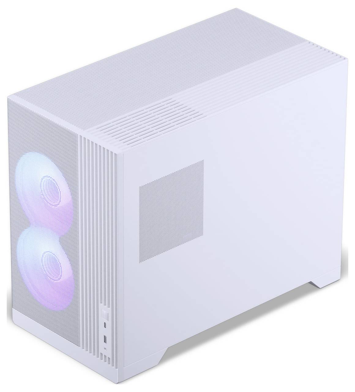 Ein weißes Computergehäuse mit zwei sichtbaren Kühlventilatoren an der Frontseite, die mit weichem Regenbogenlicht beleuchtet sind und ein modernes, minimalistisches Design präsentieren.