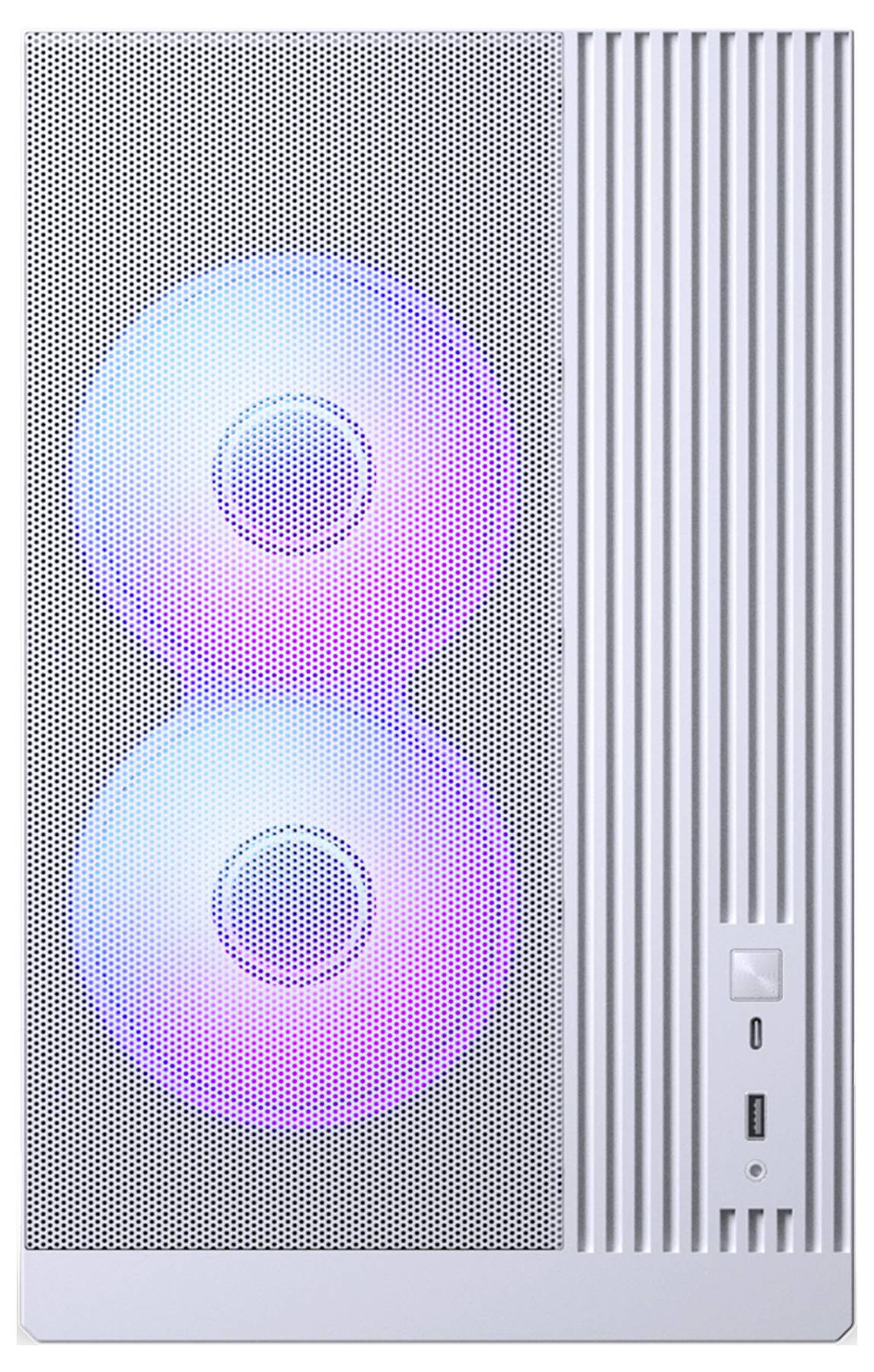 Ein weißes Computergehäuse mit einem Frontpanel aus Gitter zeigt zwei sichtbare RGB-beleuchtete Kühlventilatoren, die einen Regenbogen-Schimmer ausstrahlen.