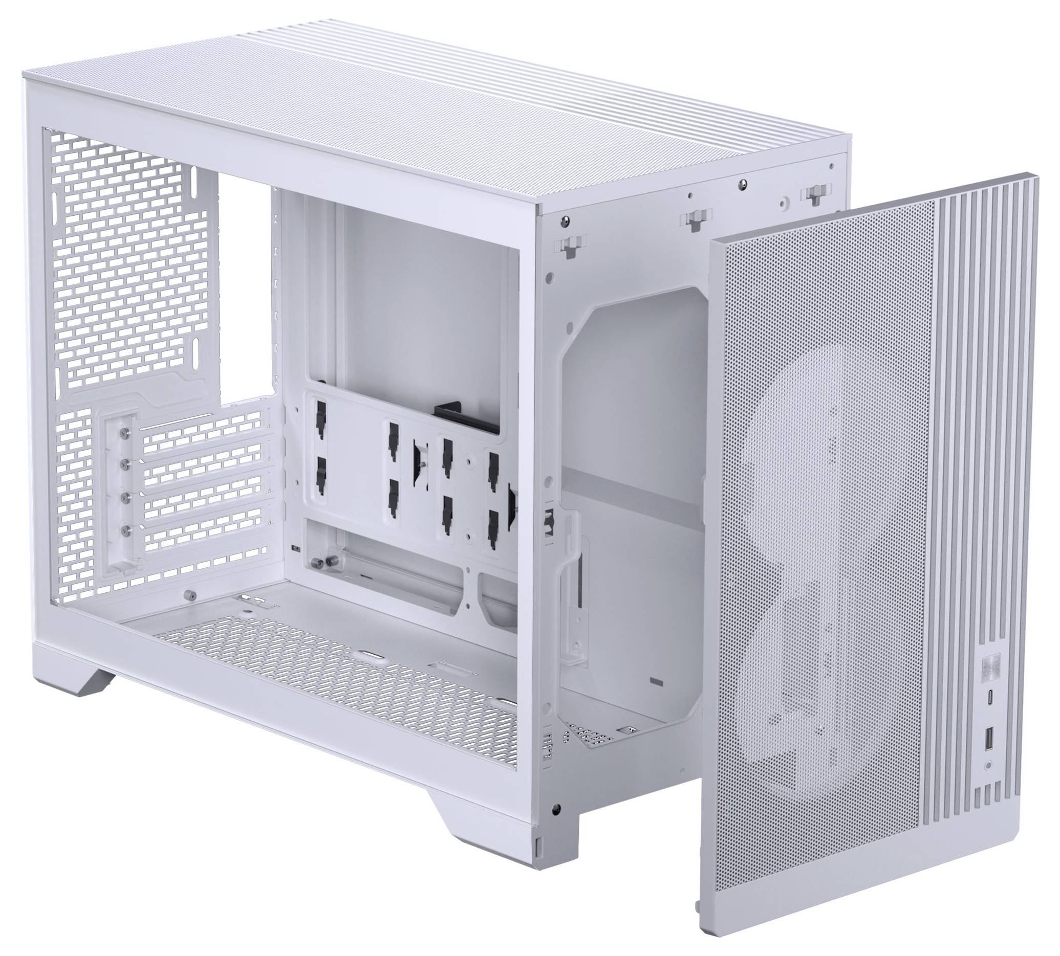 Ein weißes offenes Computergehäuse mit Meshfront-Panel, das Platz für interne Komponenten und Kühlventilatoren zeigt.