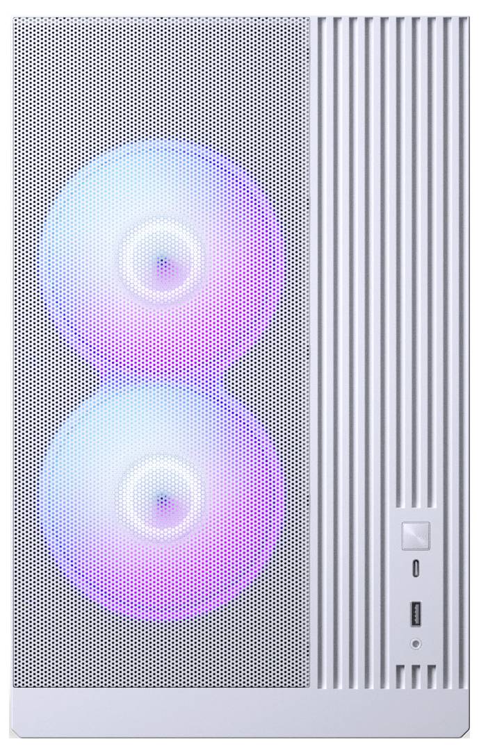Ein weißer Computer-Tower mit zwei großen, nach vorne gerichteten Lüftern, die mit bunten RGB-Beleuchtungen beleuchtet sind und mit Strom- und USB-Anschlüssen auf dem vorderen Bedienfeld ausgestattet sind.