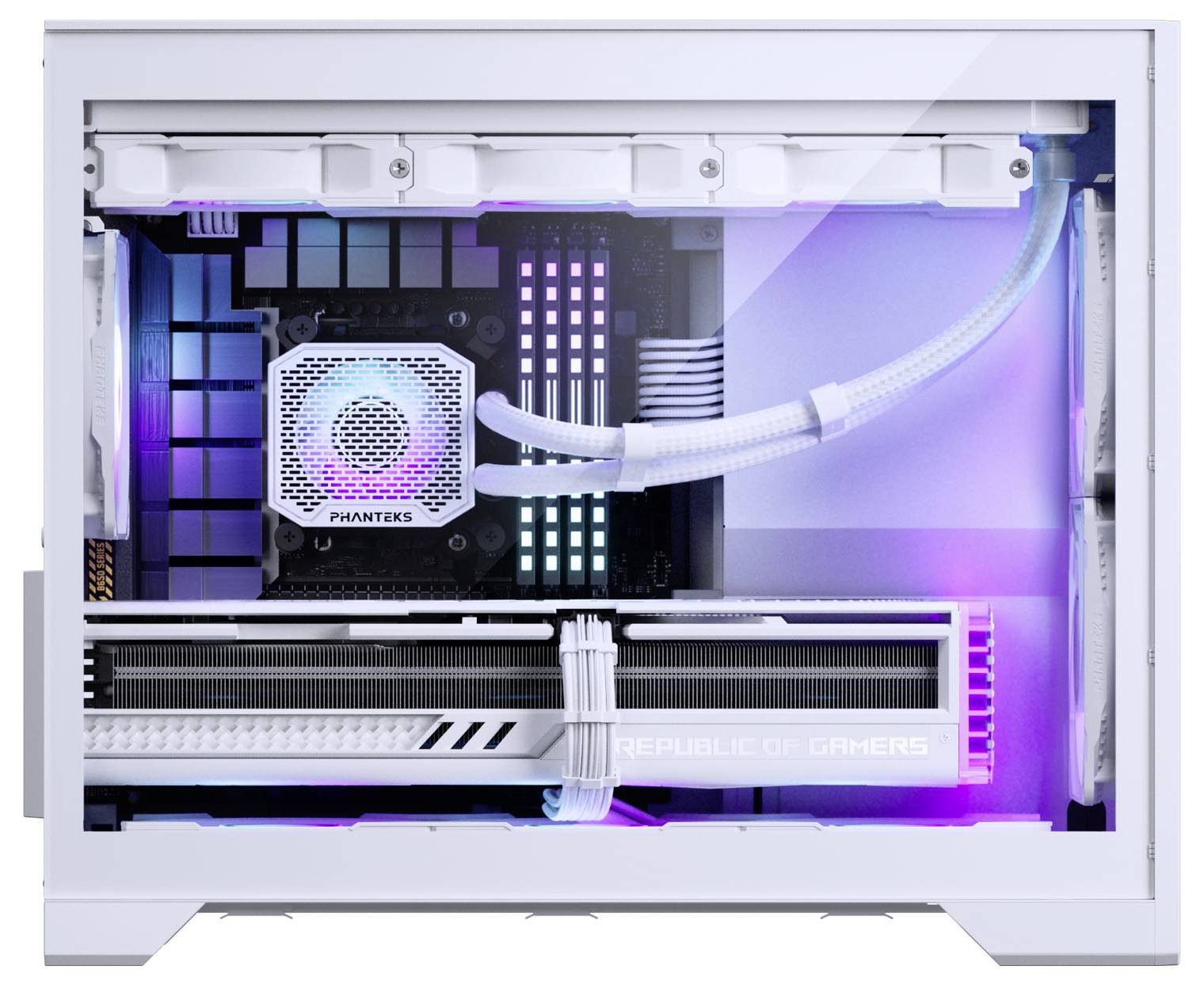 Ein weißer Computer-Tower mit sichtbaren Innenkomponenten, darunter eine Grafikkarte und Kühlsystem, beleuchtet durch RGB-Beleuchtung.