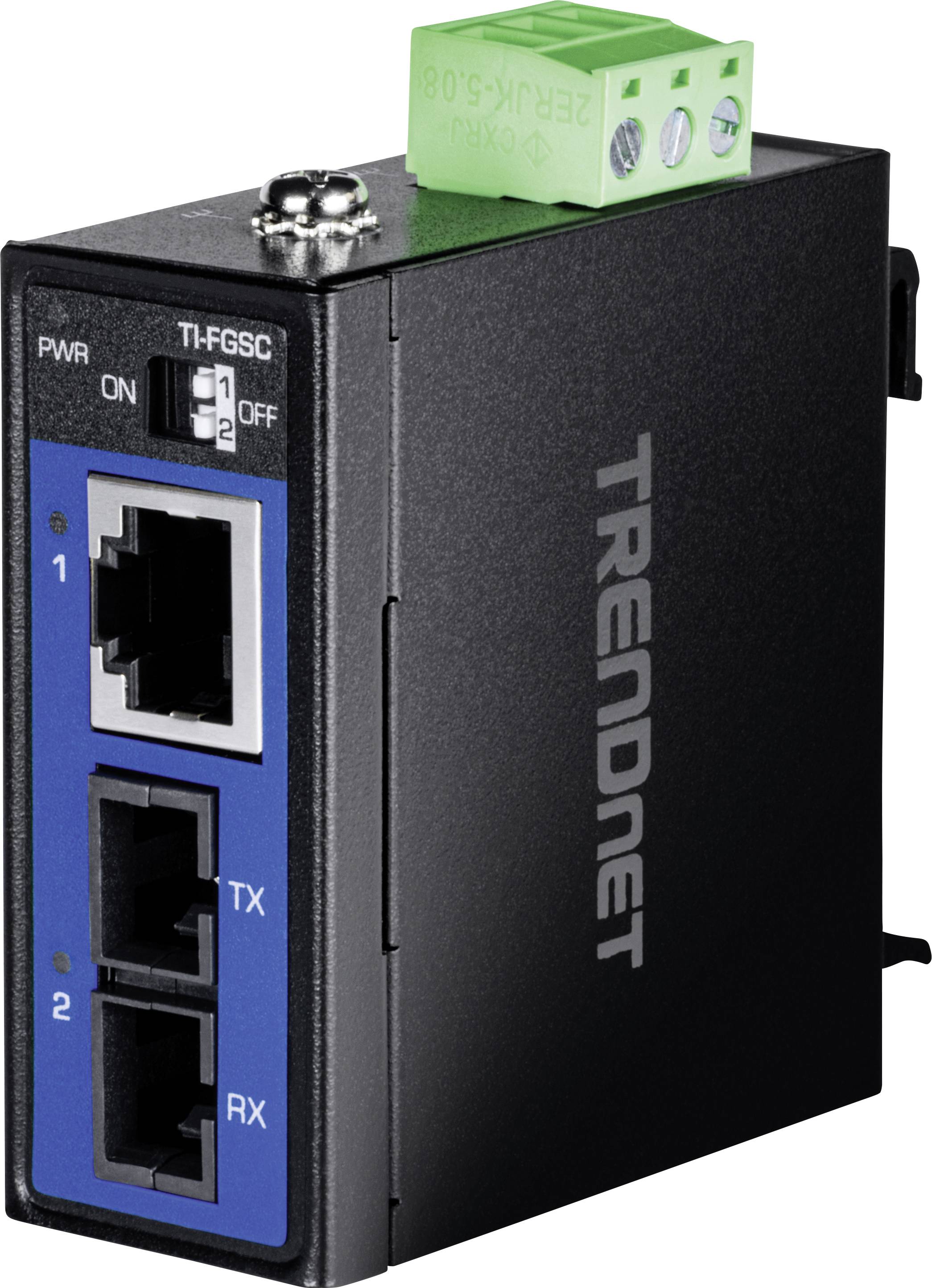 Industrieller Glasfaser-Medienkonverter mit zwei RJ-45- und Glasfaseranschlüssen; mit Beschriftung für Stromversorgung, mit grünem Anschlussblock auf der Oberseite.