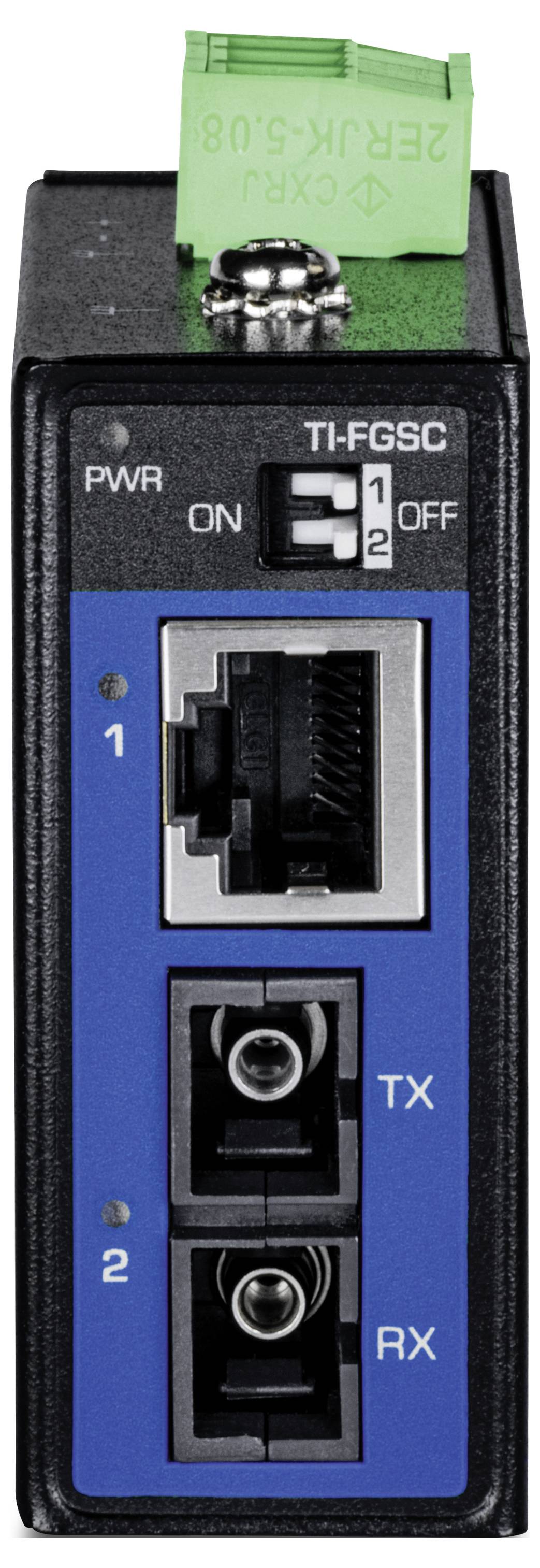 Industrieller Netzwerkswitch mit einem Ethernet- und zwei Glasfaserports, gekennzeichnet für die Datenübertragung (TX) und den Datenempfang (RX).