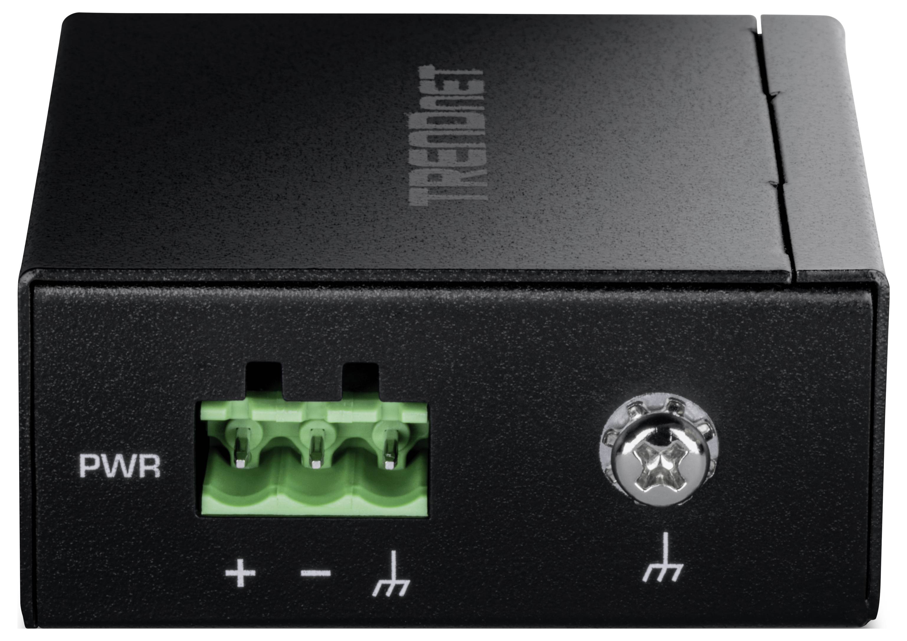 Frontansicht eines TRENDnet Industrie-Netzteils mit einem grünen Anschlussblock, beschriftet mit PWR, und einer Schraubklemme für die Erdung.