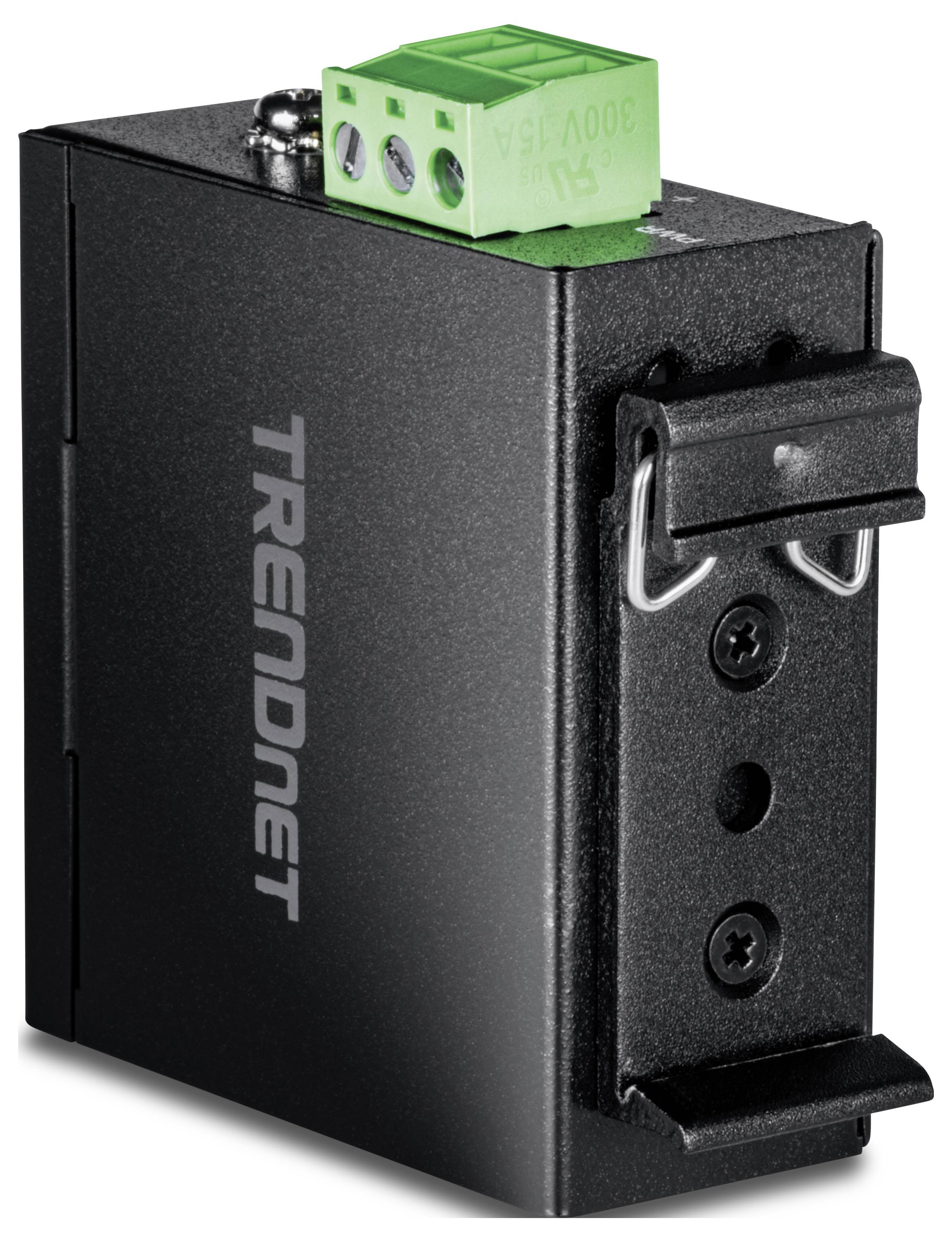 Ein schwarzer TRENDnet Netzteiladapter mit grünem Anschlussblock, Wandhalterung und Eingangsbewertung von '300V 15A' auf dem Anschlussblock.