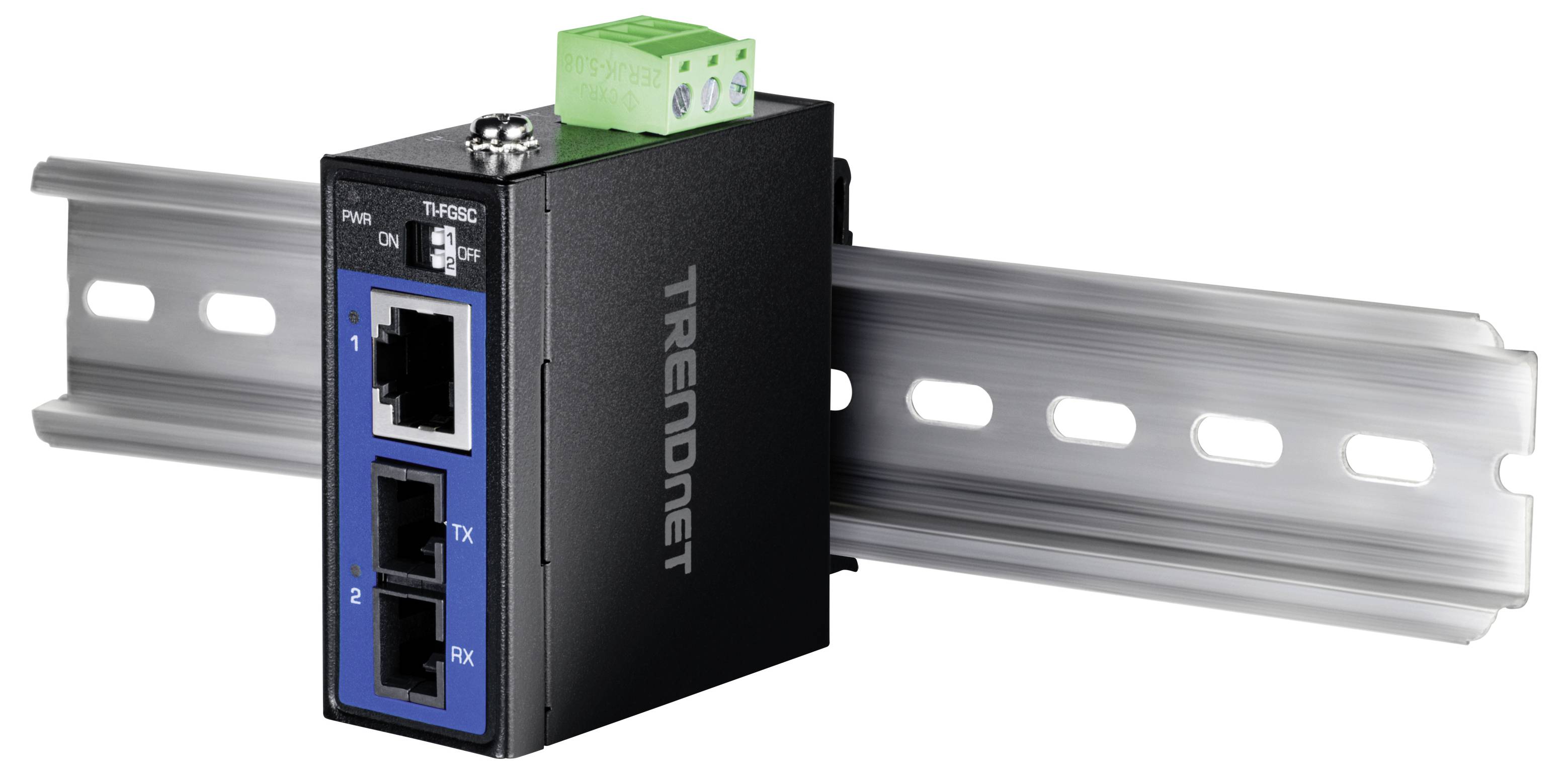 Industrieller optischer Netzwerkswitch mit Ethernet-Ports, montiert auf einer Hutschiene, beschriftet mit 'TRENDnet', mit Strom- und Netzwerkstatus-LEDs.