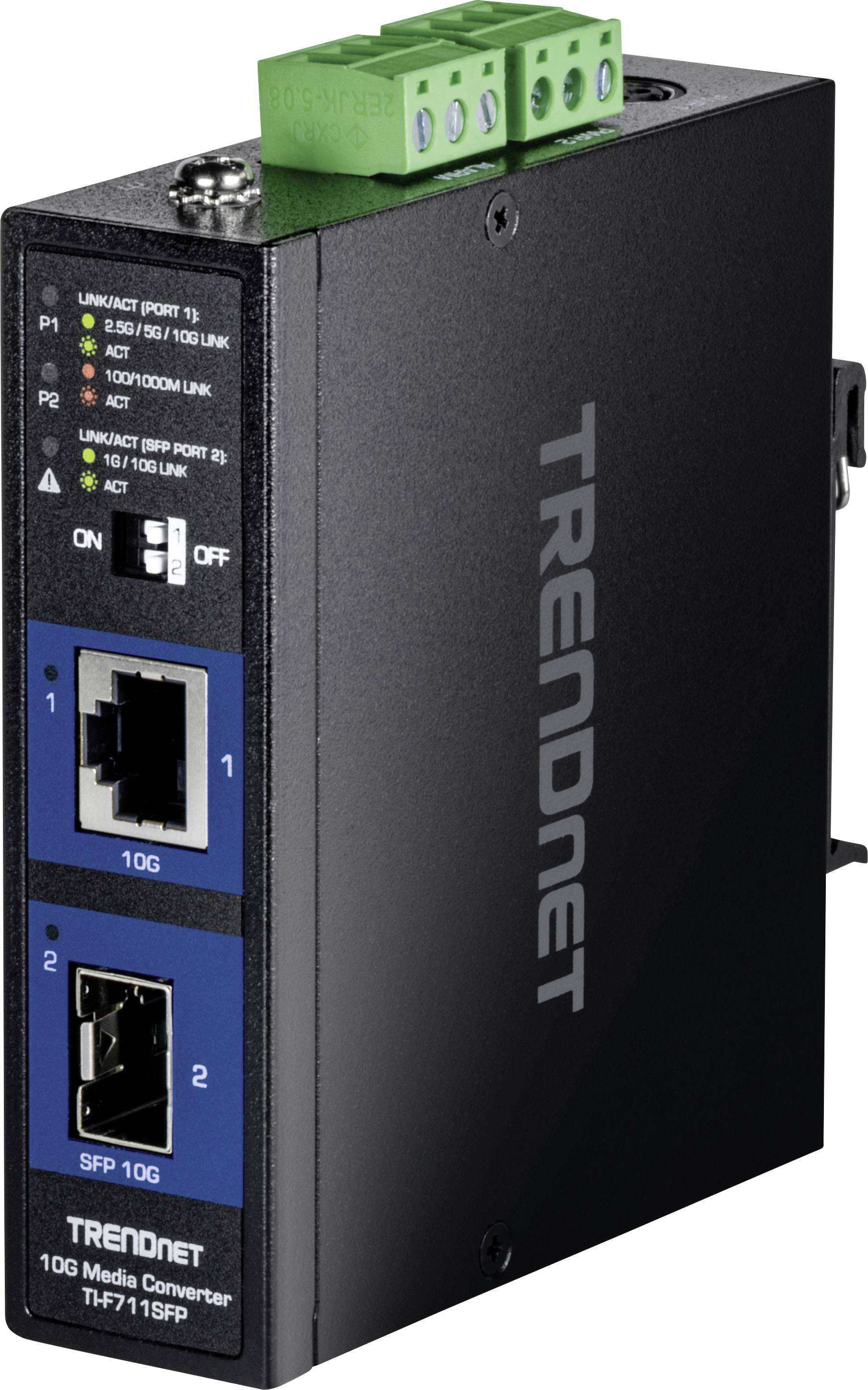 Trendnet 10G Medienkonverter mit Ethernet- und SFP-Anschlüssen an der Frontseite, LED-Anzeigen, Netzschalter und Anschlussklemme auf der Oberseite.