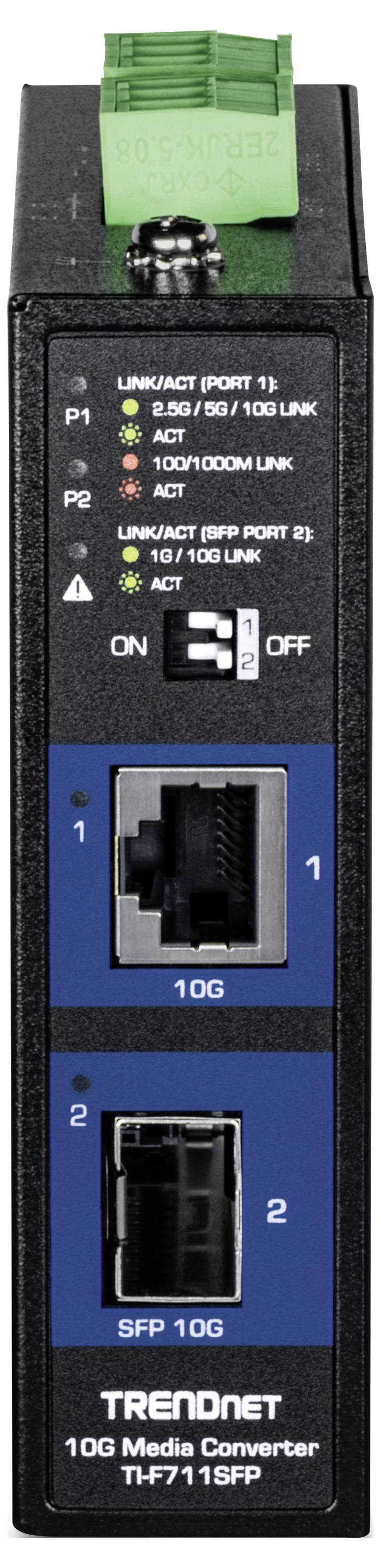 Frontansicht des TRENDnet 10G Media Converters Modell TFC7110SFP, mit 10G- und SFP-10G-Anschlüssen sowie Status-Indikatoren für Stromversorgung und Link/Aktivität.