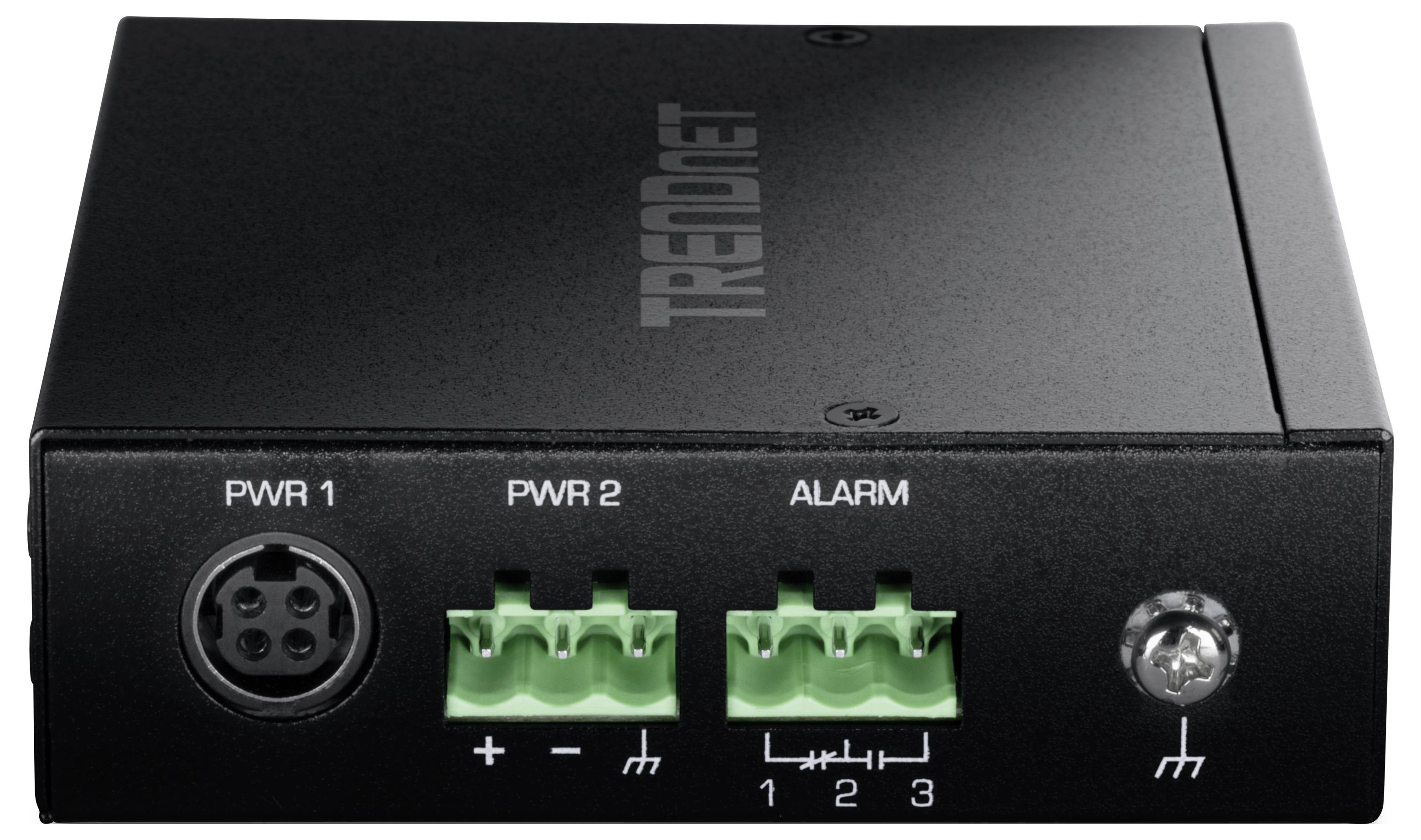 Schwarze Box mit 'TRENDnet'-Logo auf der Oberseite, ausgestattet mit PWR1-, PWR2- und ALARM-Anschlüssen sowie einem Metallmontagehalter auf der rechten Seite.