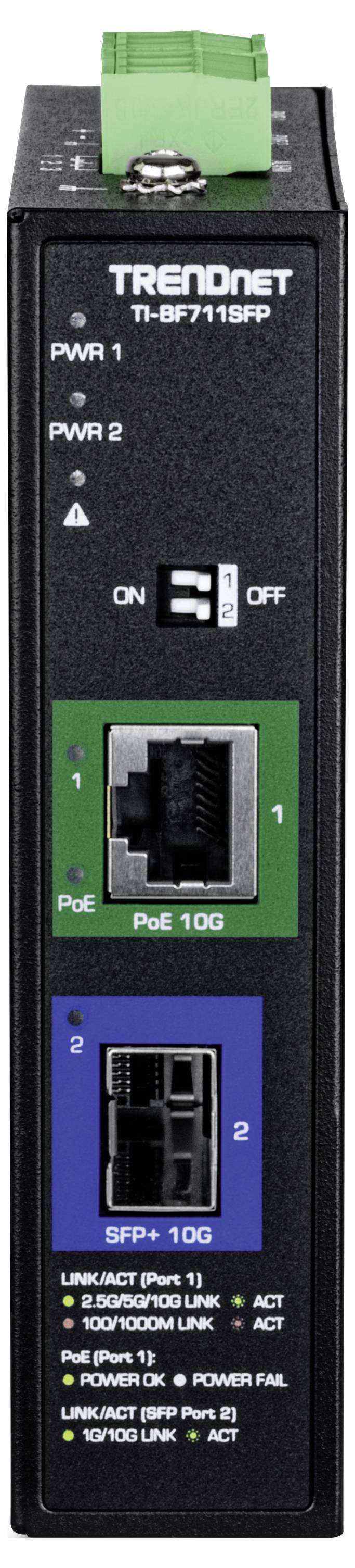 TRENDnet TI-BEP111iFP industrieller PoE+ zu SFP+ Medienkonverter mit LED-Anzeigen, Stromversorgungsoptionen und Glasfaseranschlüssen.