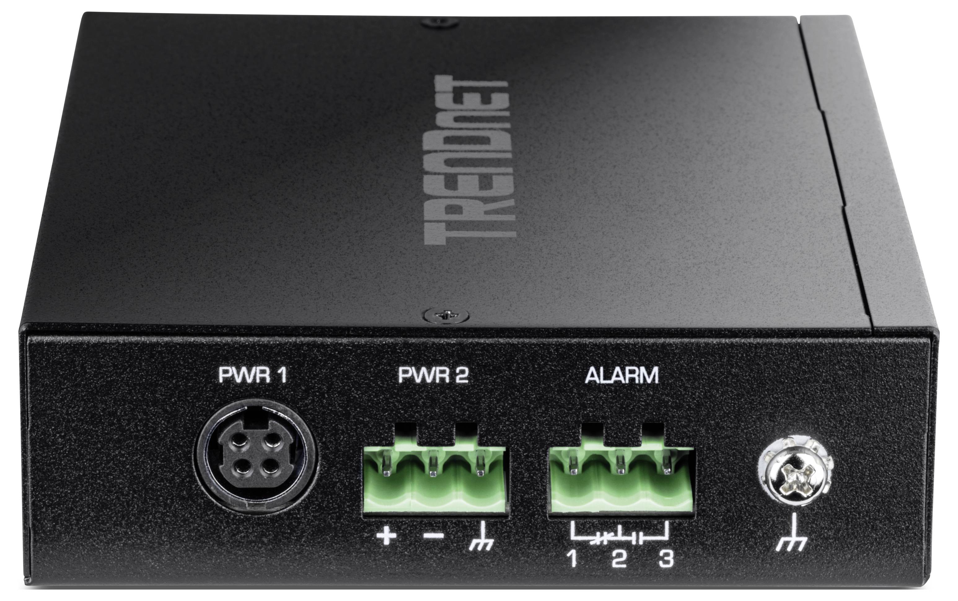 Ein schwarzes TRENDnet Netzteil mit Energie- und Alarmports auf der Frontplatte.