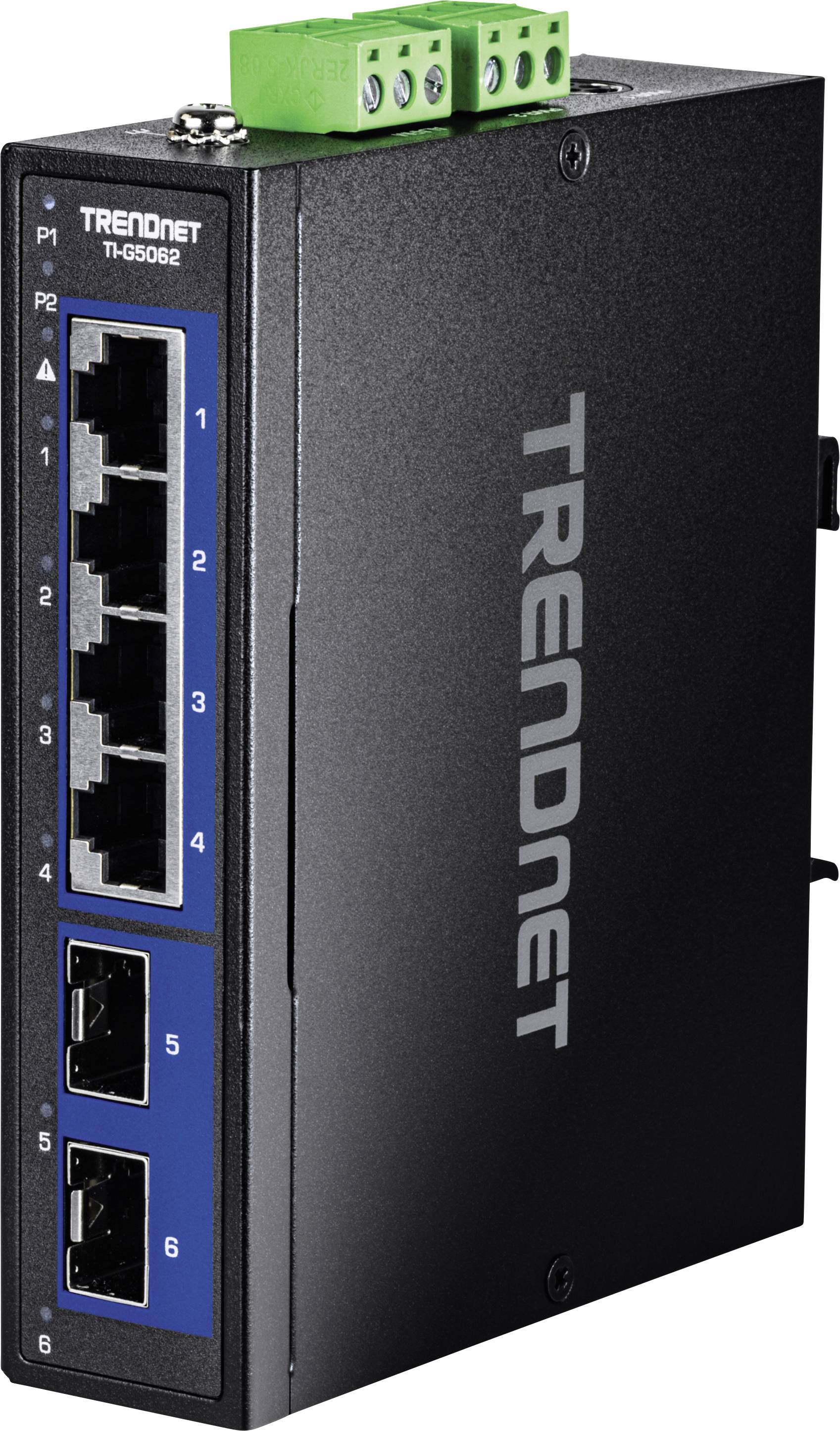 Industrieller Netzwerkswitch mit 4 Ethernet-Ports und 2 Steckplätzen. Beschriftet als 'TRENDnet TI-G508'. Matte schwarze Gehäuse und grüner Terminalblock an der Oberseite.