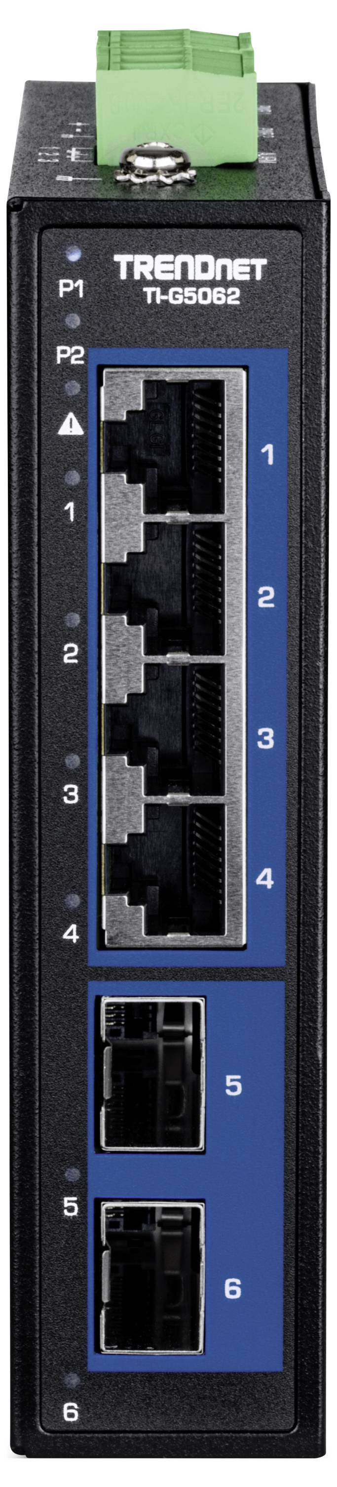 Ein industrieller Ethernet-Switch mit vier Ethernet-Ports und zwei Glasfaser-SFP-Steckplätzen auf einer blauen Tafel.