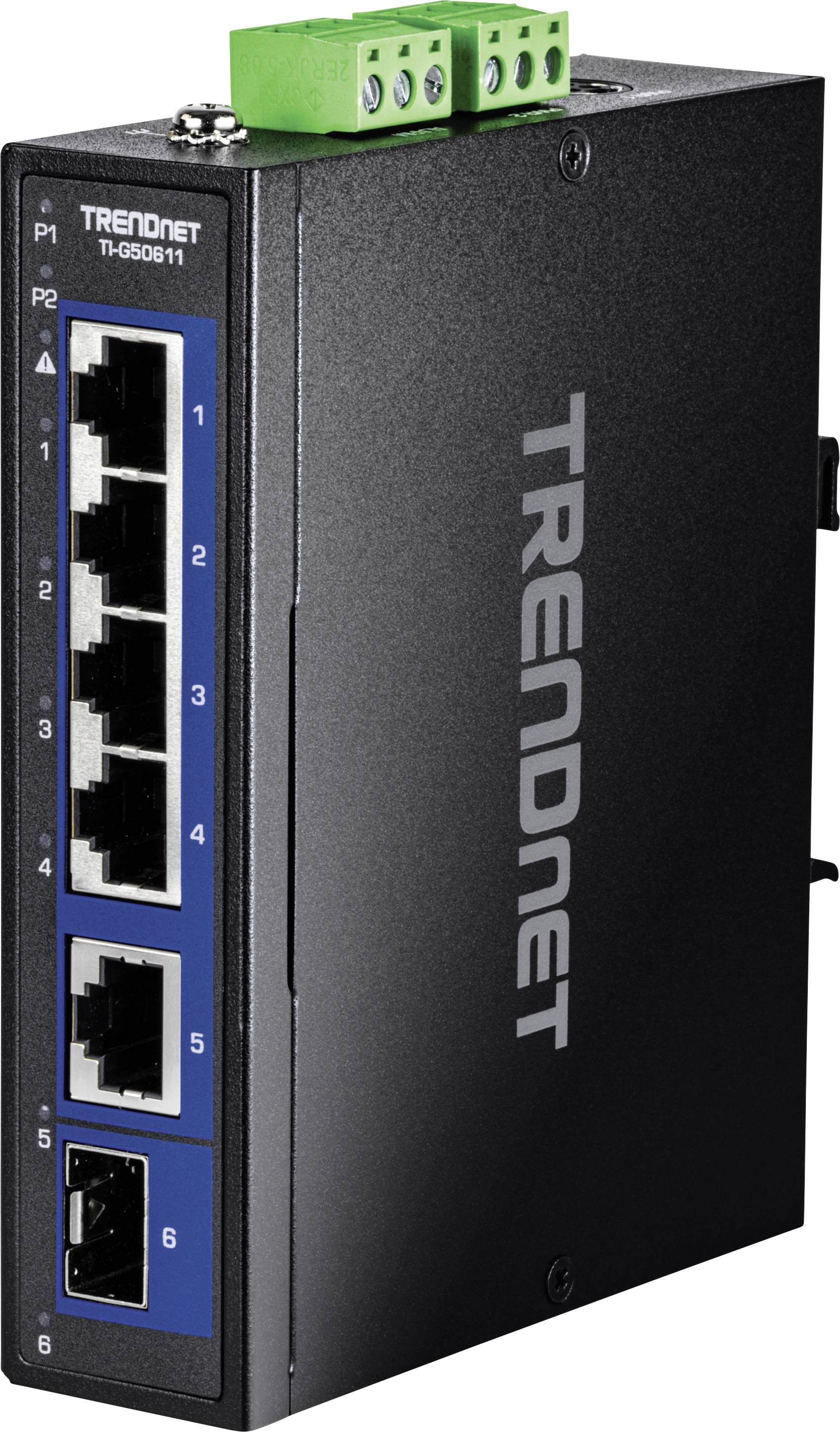 Ein Netzwerk-Switch mit vier Ethernet-Ports und einem Stromanschluss, gekennzeichnet als 'TRENDnet TI-G50-B11', entwickelt für industrielle Umgebungen.