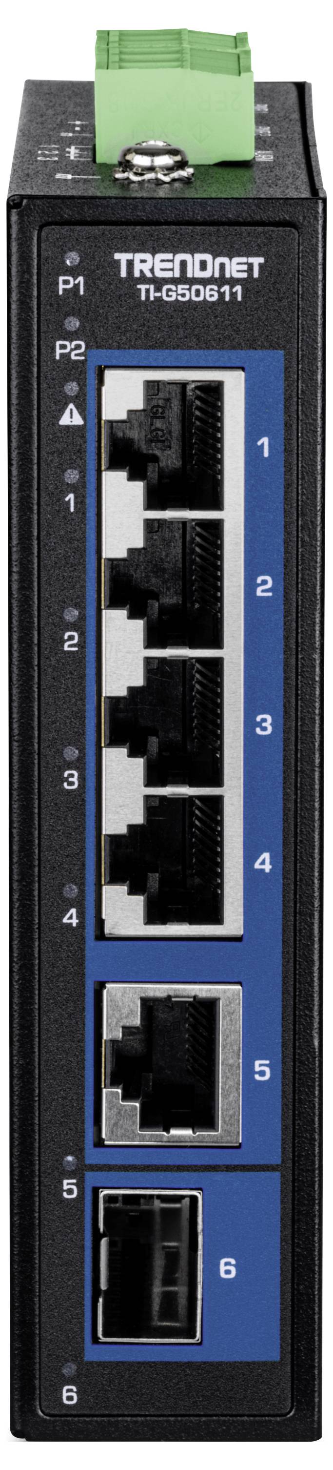 Nahaufnahme eines TRENDnet-Netzwerk-Switches, Modell TI-IG60. Er verfügt über vier Ethernet-Ports und zwei Glasfaser-Ports für Netzwerkverbindungen.