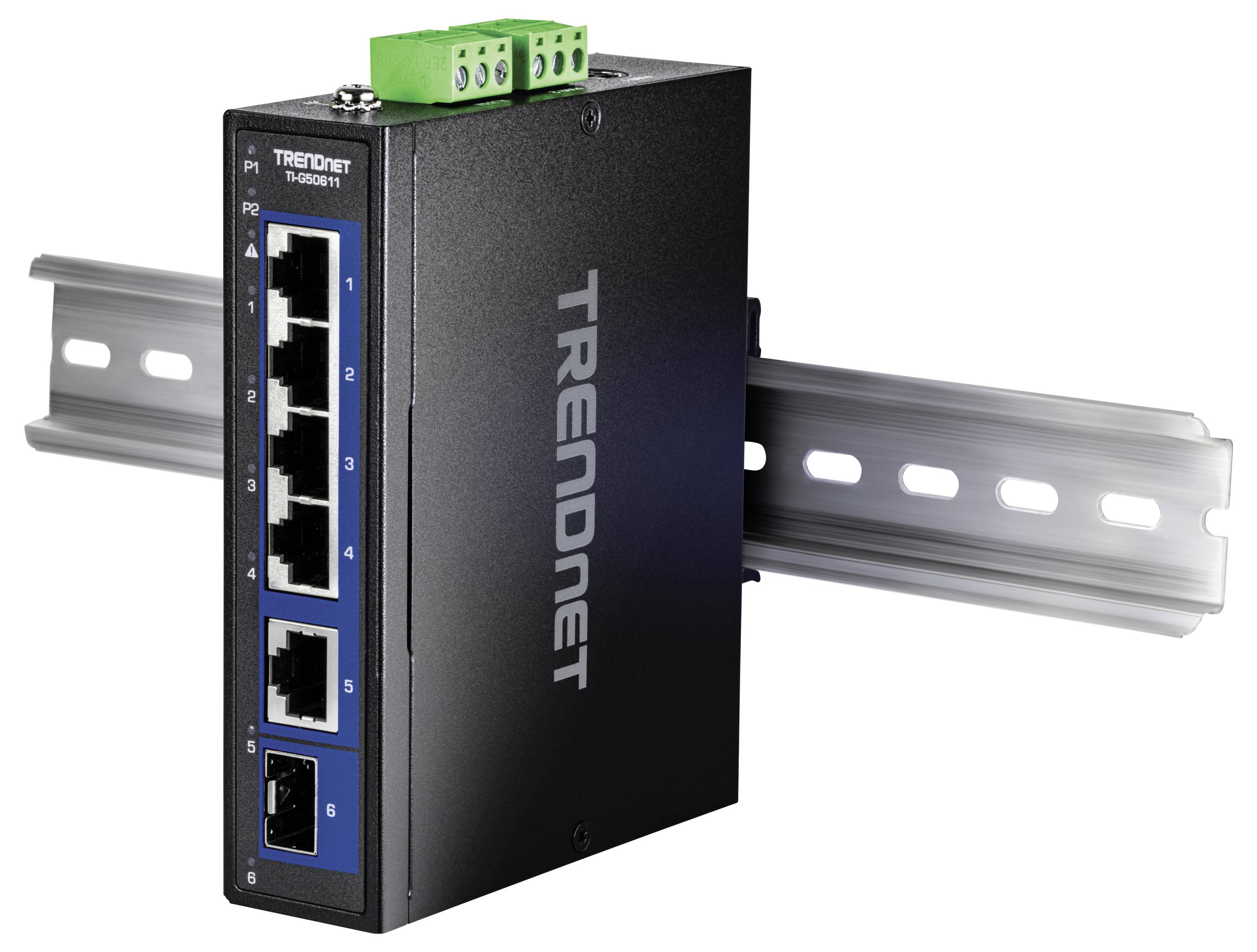 Industrieller Ethernet-Switch von TRENDnet mit fünf Ports, auf einer Metallschiene montiert, was den Einsatz in Netzwerk- und industriellen Umgebungen anzeigt.