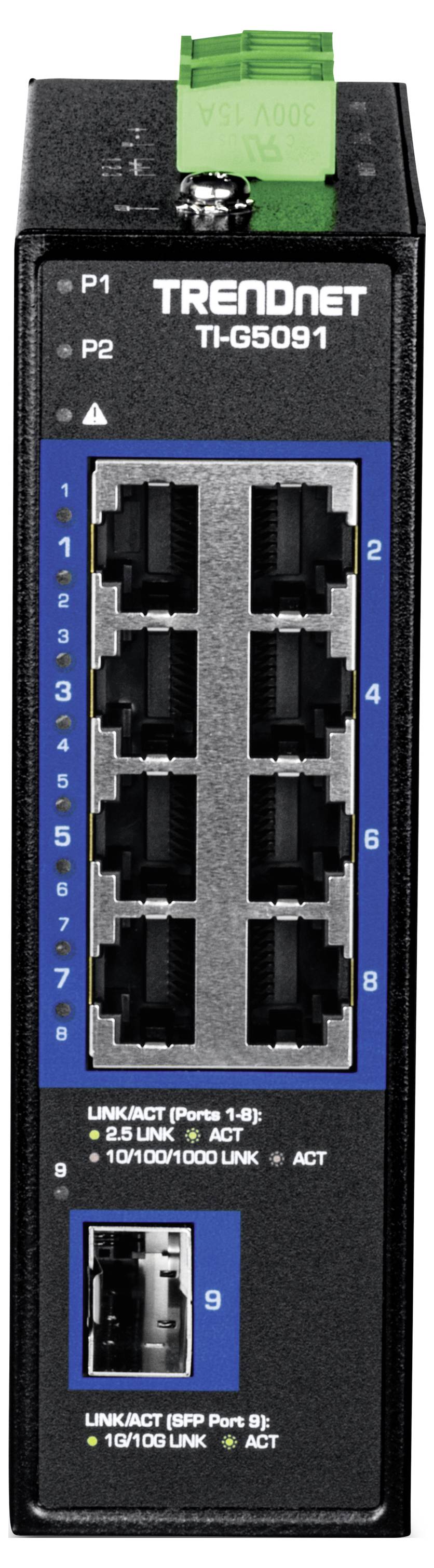 Ein schwarzer TRENDnet TI-G509 industrieller Switch mit 8 Ethernet-Ports und zusätzlichen Anschlüssen am unteren Rand.