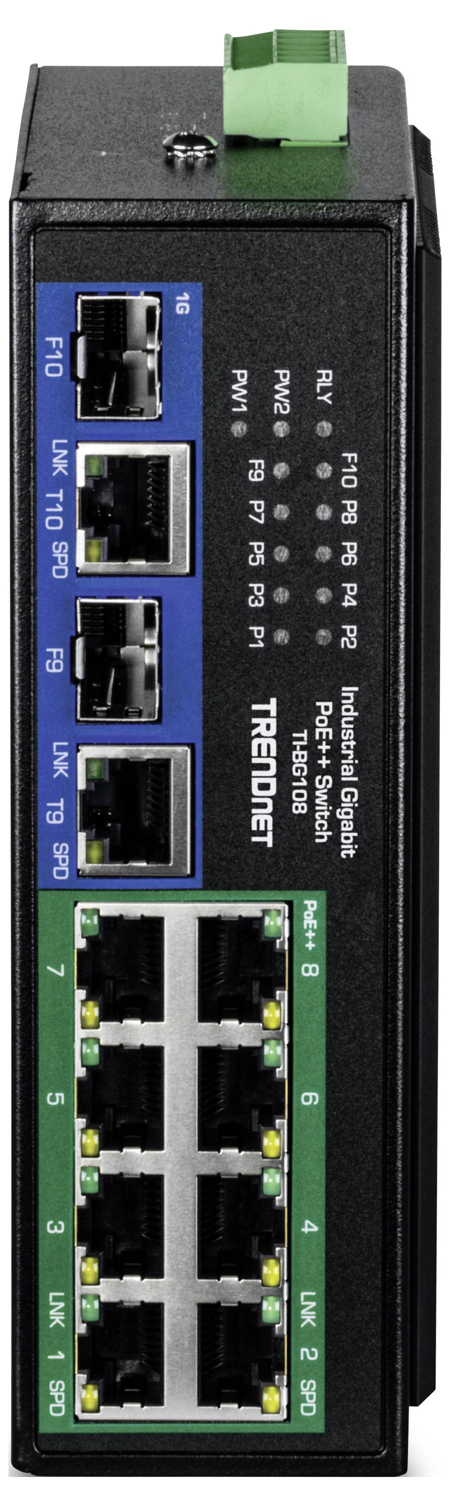 Industrieller Gigabit PoE+ Switch mit mehreren Ethernet-Ports, gekennzeichnet mit Nummern und Indikatoren, die den Netzwerk-Aktivitätsstatus anzeigen.
