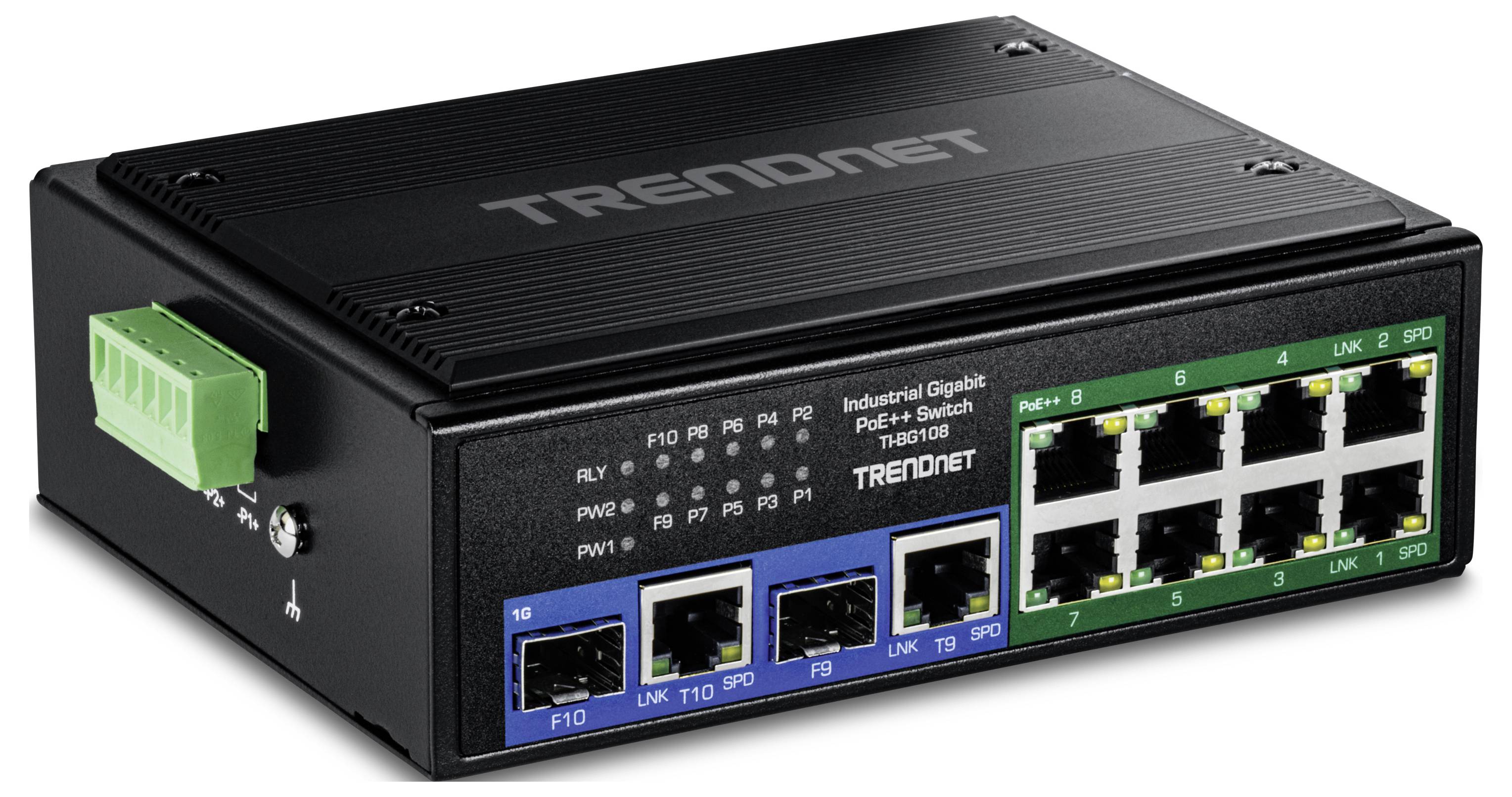 Industrieller Gigabit-PoE+-Switch mit 8 Ethernet-Ports, 2 SFP-Steckplätzen und LED-Anzeigen auf dem Frontpanel für Netzwerkverbindungen.