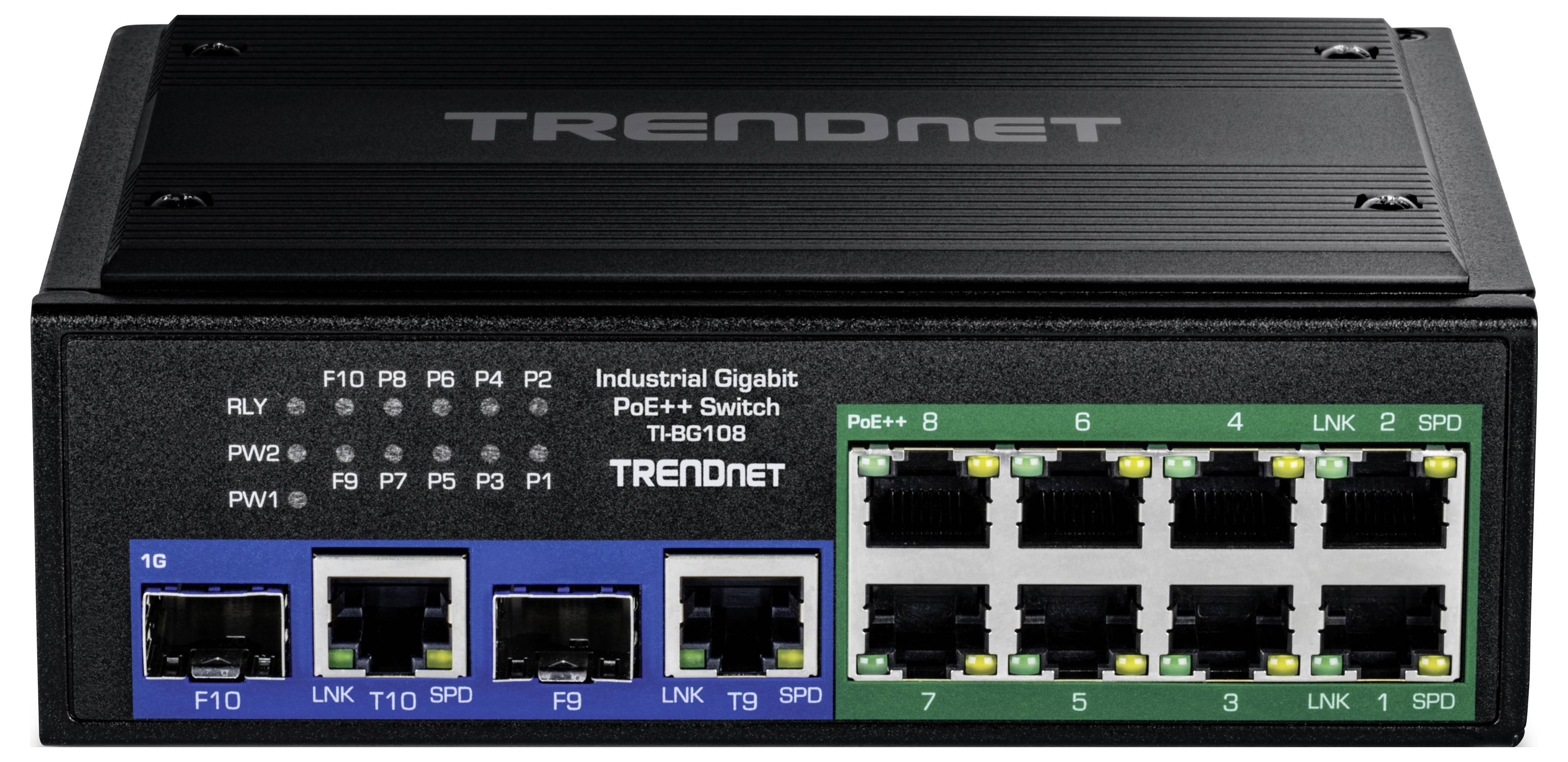 Frontansicht eines TRENDnet Industrial Gigabit PoE++ Switches, Modell TEG1108, mit Netzwerk-Ports und Status-Anzeige-Leuchten.