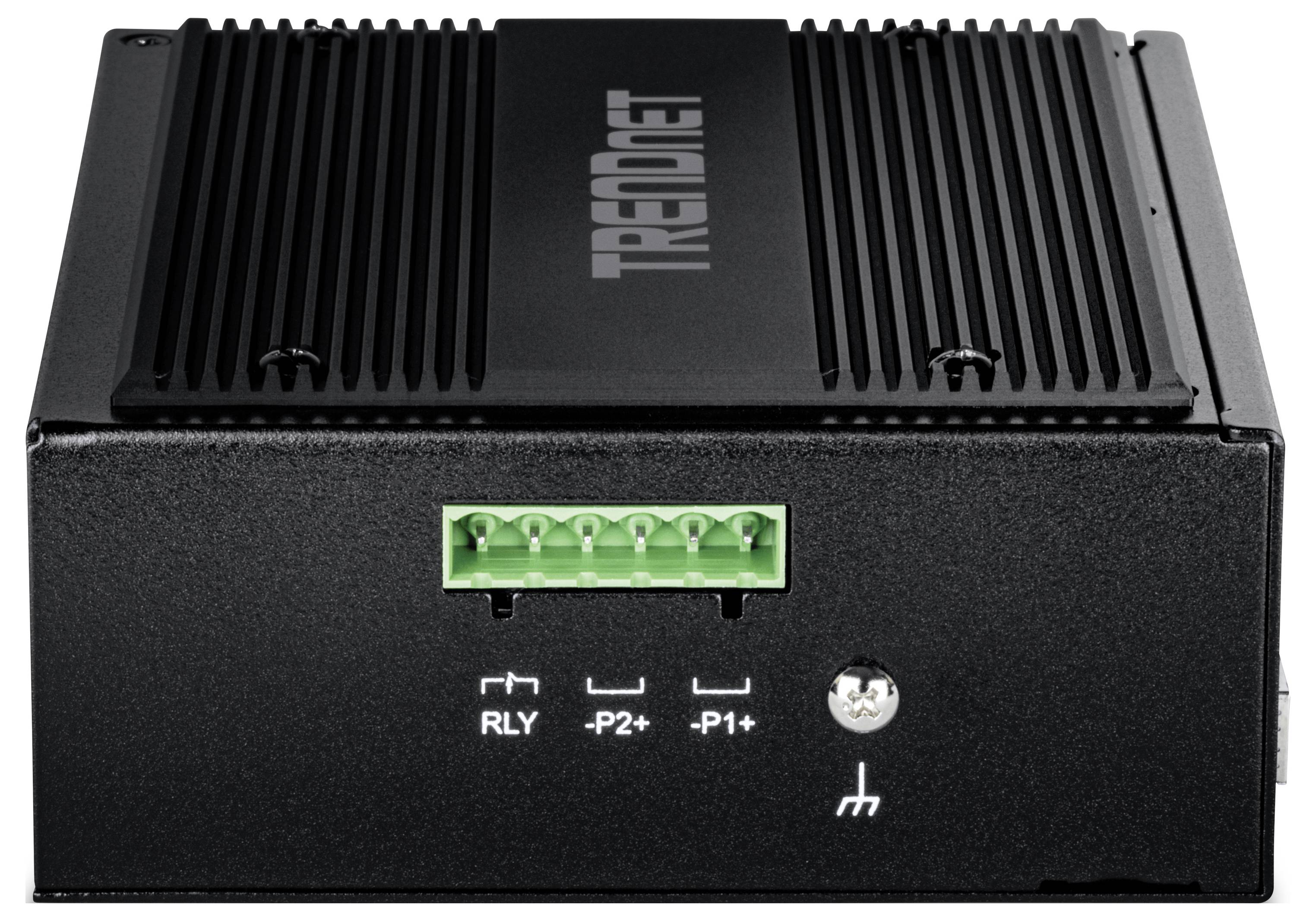 Ein schwarzer TRENDnet Power-over-Ethernet-Injektor mit grünem Anschlussblock, beschriftet mit ‚RLY', ‚+P2', ‚-P1', ‚+P1', Frontansicht.