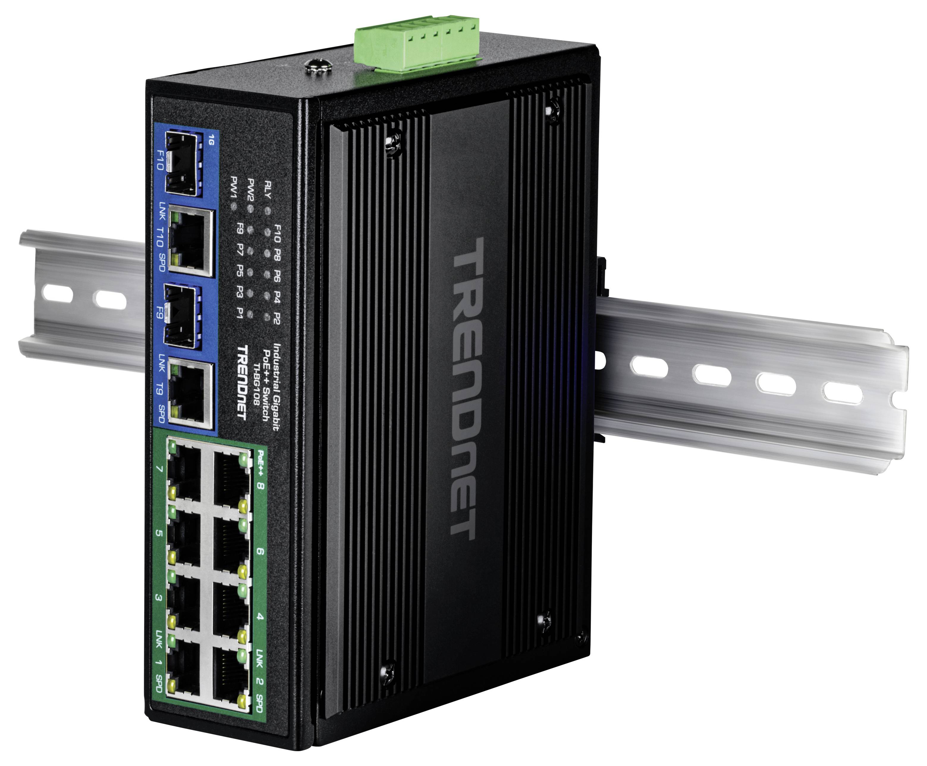 Ein schwarzer, wandmontierter TRENDnet Industrienetzwerkswitch mit 10 Anschlüssen, einschließlich Glasfaser- und Ethernet-Verbindungen, geeignet für robuste Umgebungen.