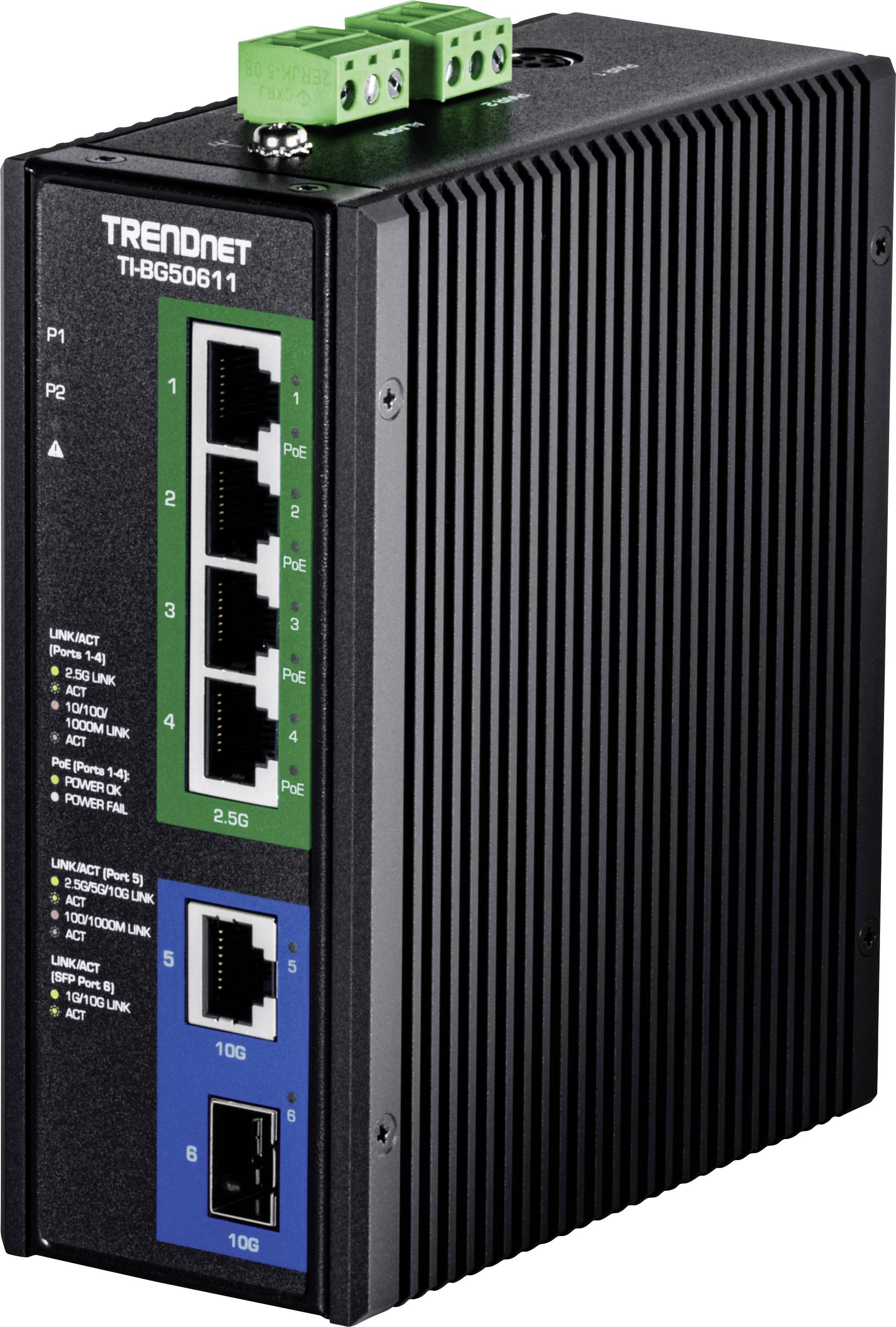Netzwerk-Switch mit fünf Anschlüssen, die für Ethernet-Geschwindigkeiten beschriftet sind: 2,5 Gbps, PoE+ und 10 Gbps. Ausgestattet mit einem schwarz-grünen Design und Statusanzeigen.