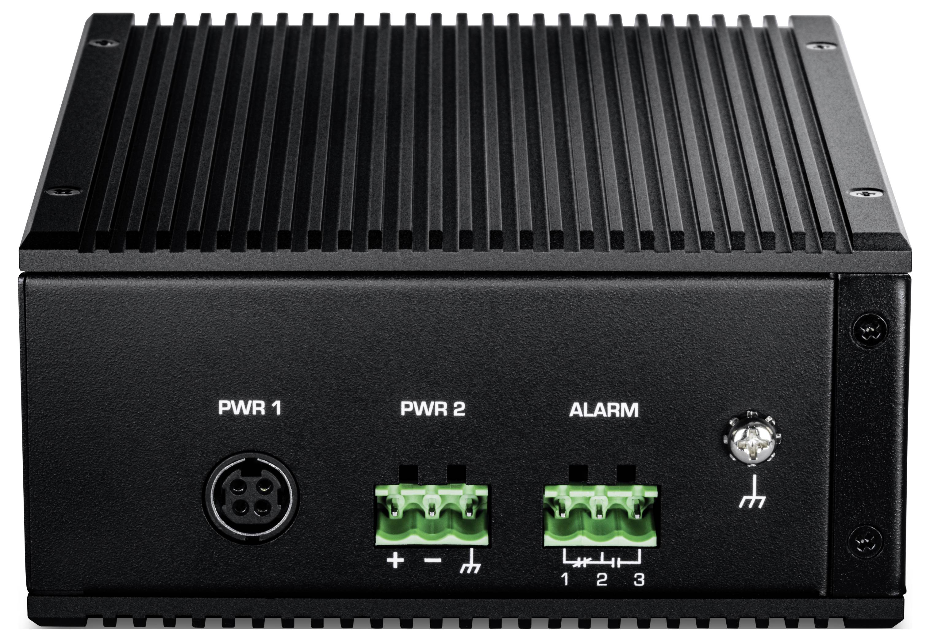 Ein schwarzes elektronisches Gerät mit gerippter Oberfläche, das Anschlüsse mit den Bezeichnungen ‚PWR 1', ‚PWR 2' und ‚ALARM' sowie grüne und schwarze Anschlüsse aufweist.