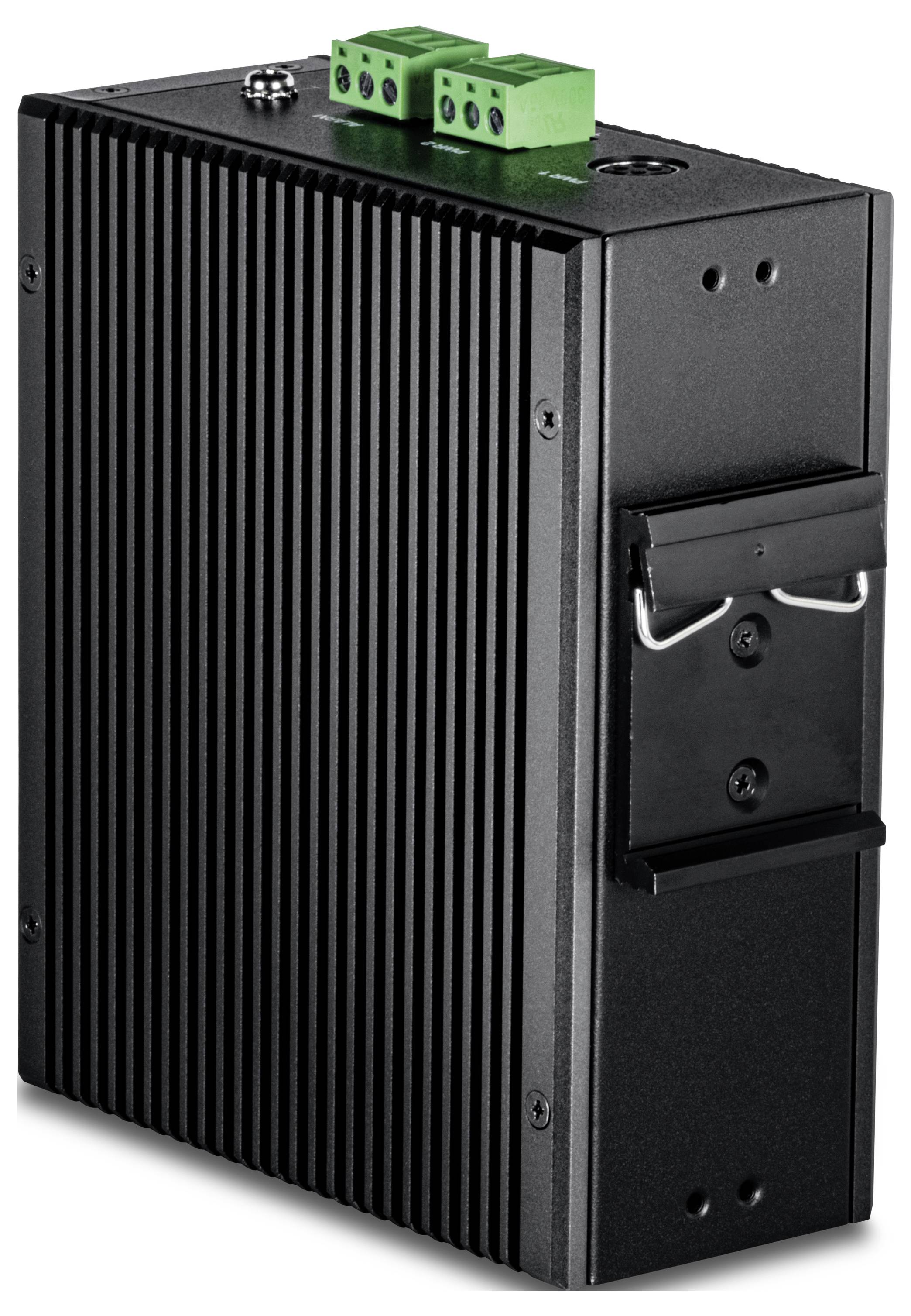 Ein schwarzes industrielles elektronisches Gerät mit vertikalen Rillen, ausgestattet mit grünen Anschlussklemmen oben, für die Montage auf DIN-Schiene konzipiert.