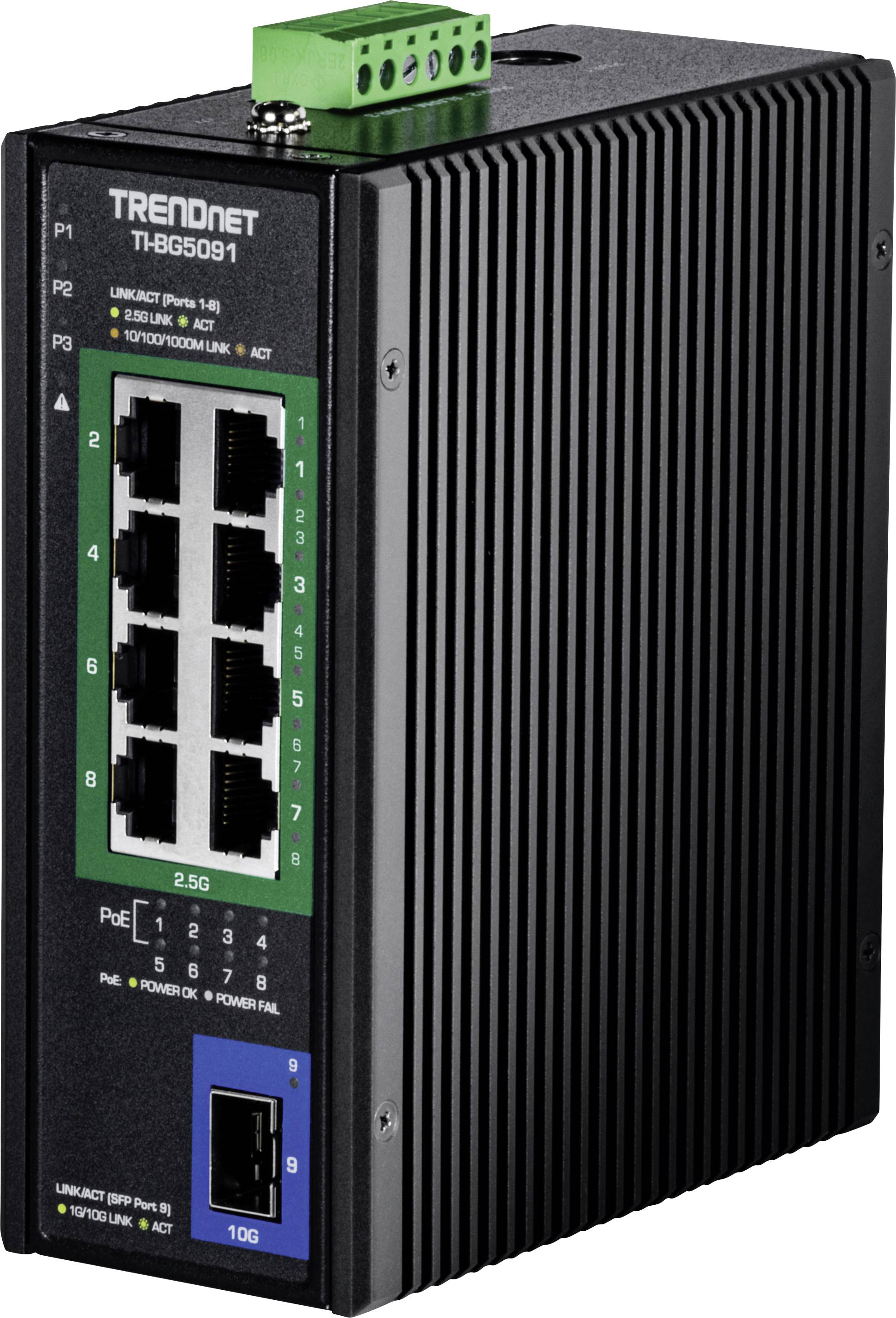 Industrietauglicher Netzwerk-Switch mit fünf Ethernet-Ports, gekennzeichnet als 'TRENDnet TI-BG509i', grüner Anschlussblock oben, schwarzes Gehäuse.