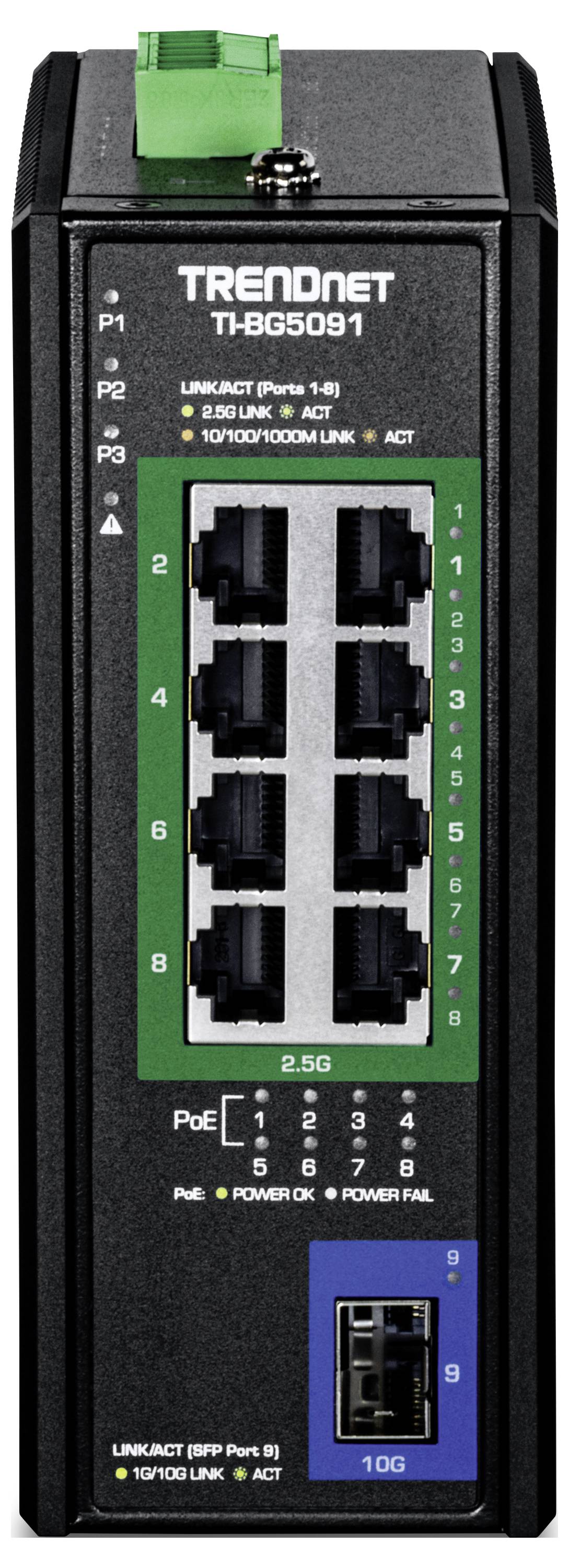 Frontansicht des TRENDnet 8-Port Industrie-Switches Modell TI-BG8091, mit Anschluss-Layout, PoE-Funktionen, Status-LEDs und 10G-Verbindung.